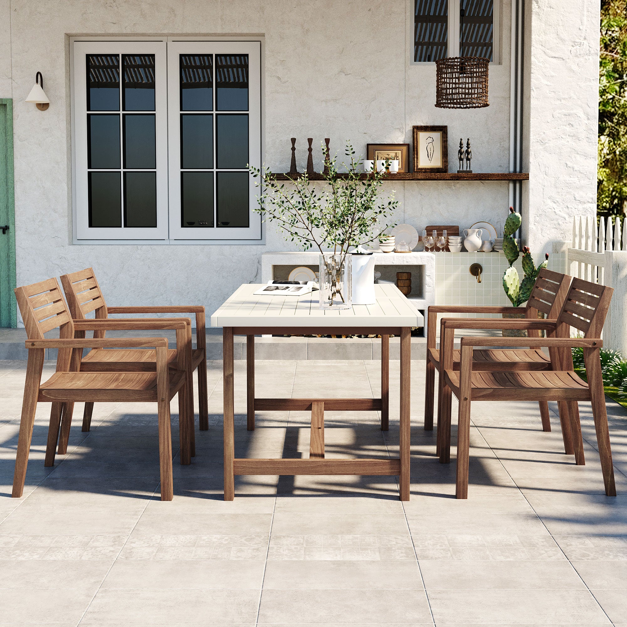 U_STYLE 5-Piece Outdoor Acacia Wood Outdoor Dining Set of 4,59.06-Inch Rectangular Table with Umbrella Hole,Suitable for Patio, Lawn, Garden, Poolside, & Indoor Use