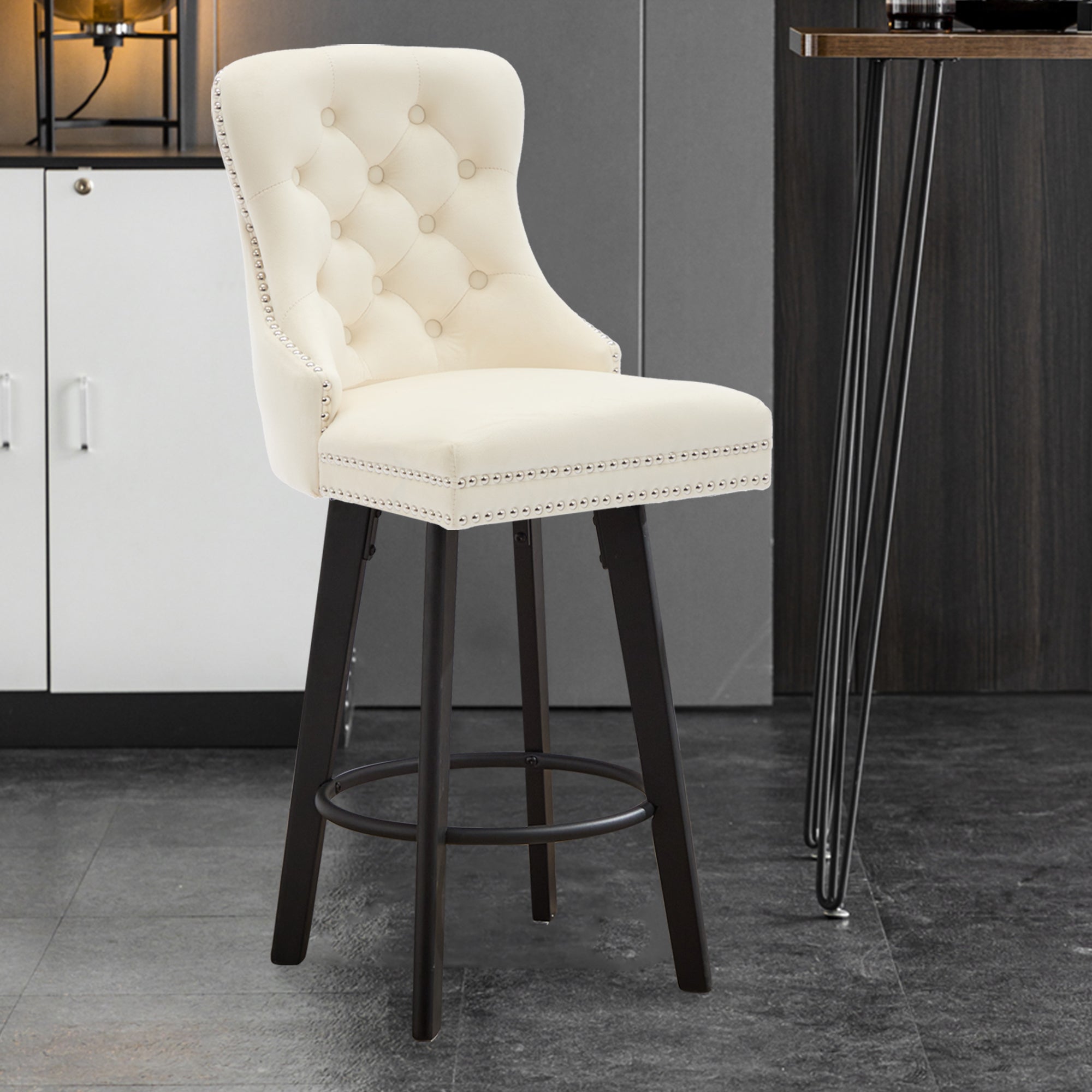 Modern Velvet Button Tufted Swivel Bar Stool with Metal Pull Ring