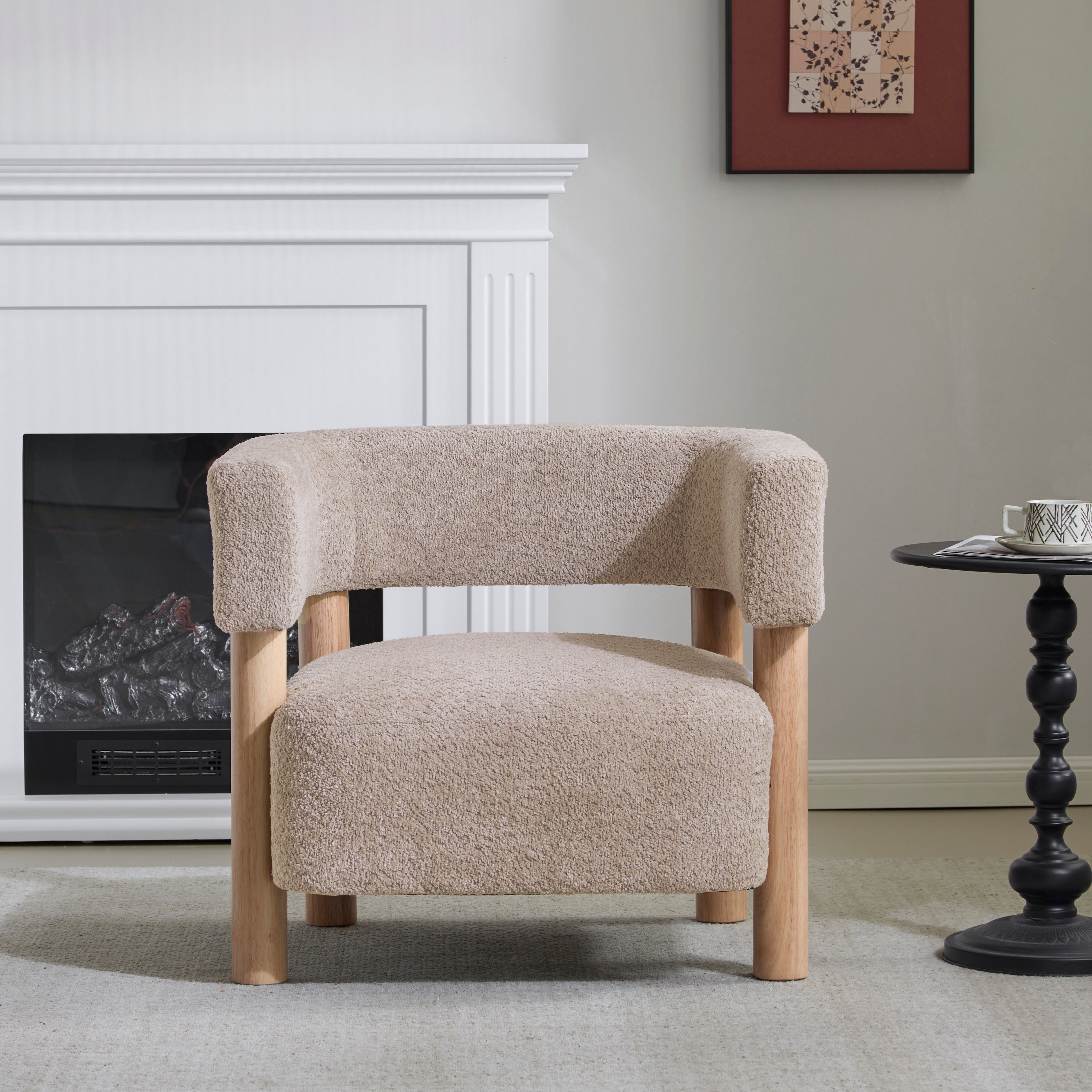 Boucle Upholstered Accent Arm Chair with Modern Wooden Frame