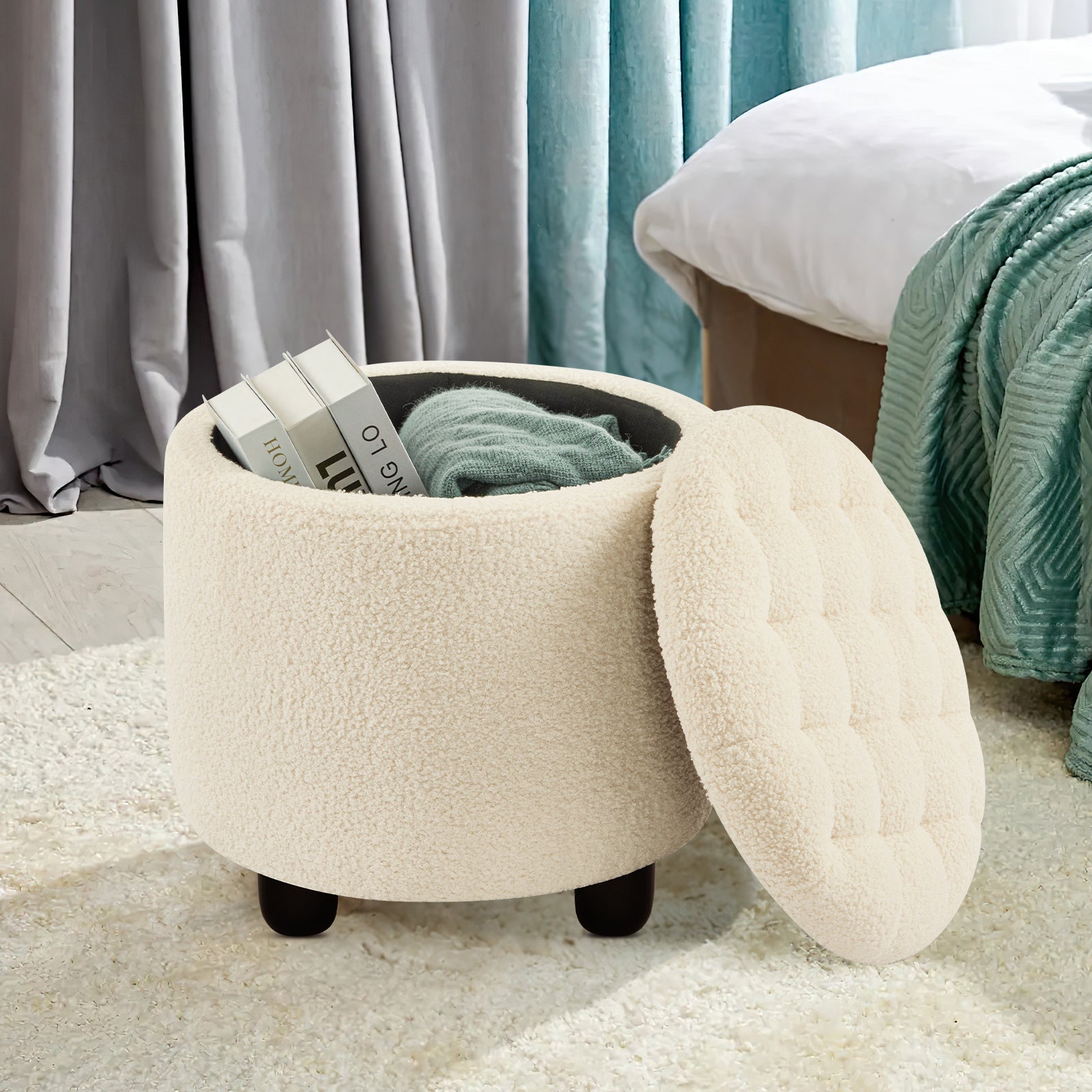 Small Upholstered Circle Pouf Footstool with Removable Lid Storage