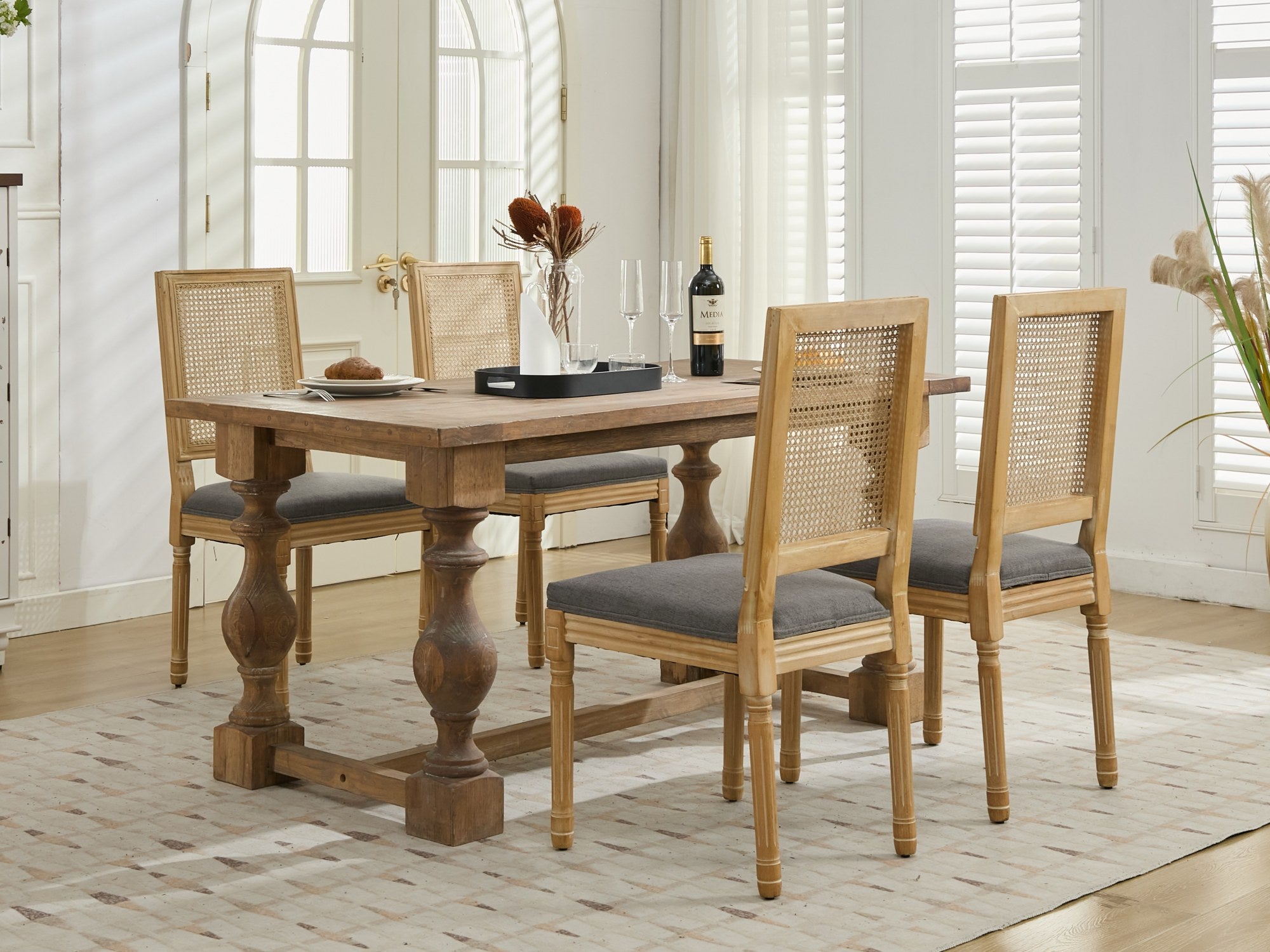 Louis French Country Dining Chairs with Square Rattan Backrest, Set of 2