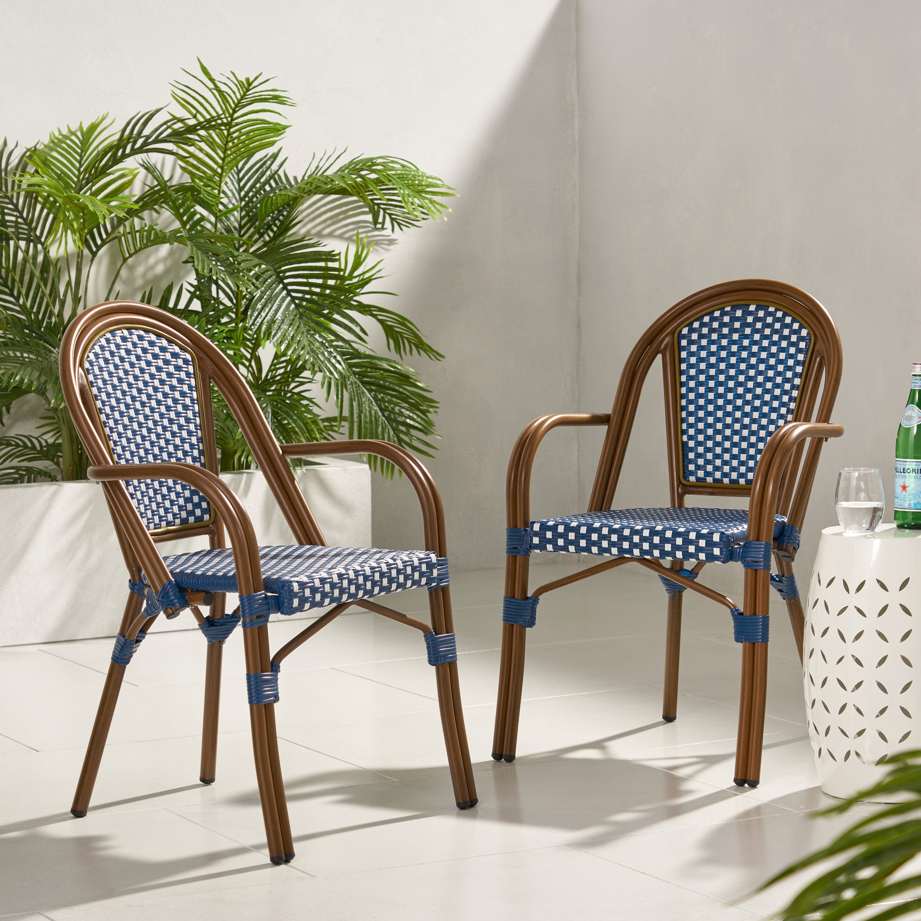 Crowned Wicker Bistro Chair with Checkered Pattern and Curved Arms, Set of 2