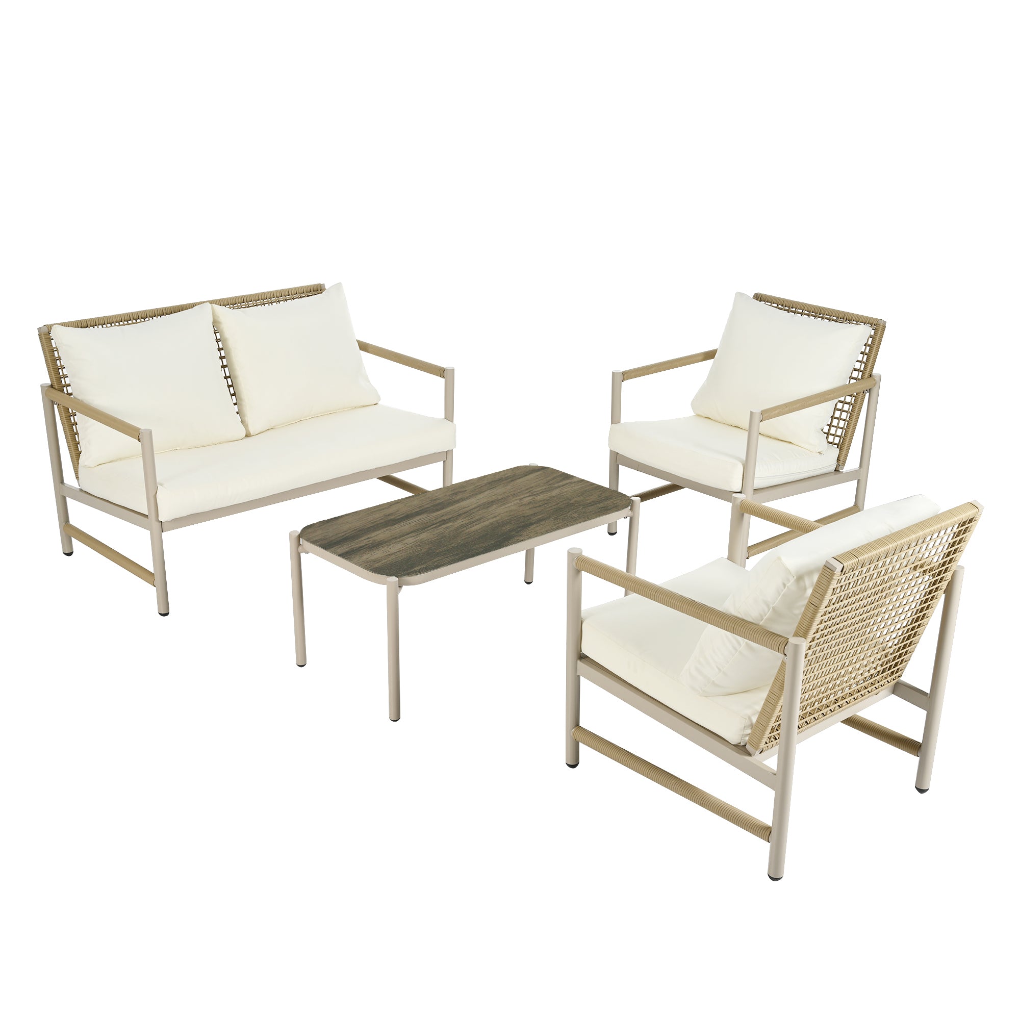 4-Piece PE Rattan Patio Set with Glass Tabletop, Loveseat and 2 Single Sofas