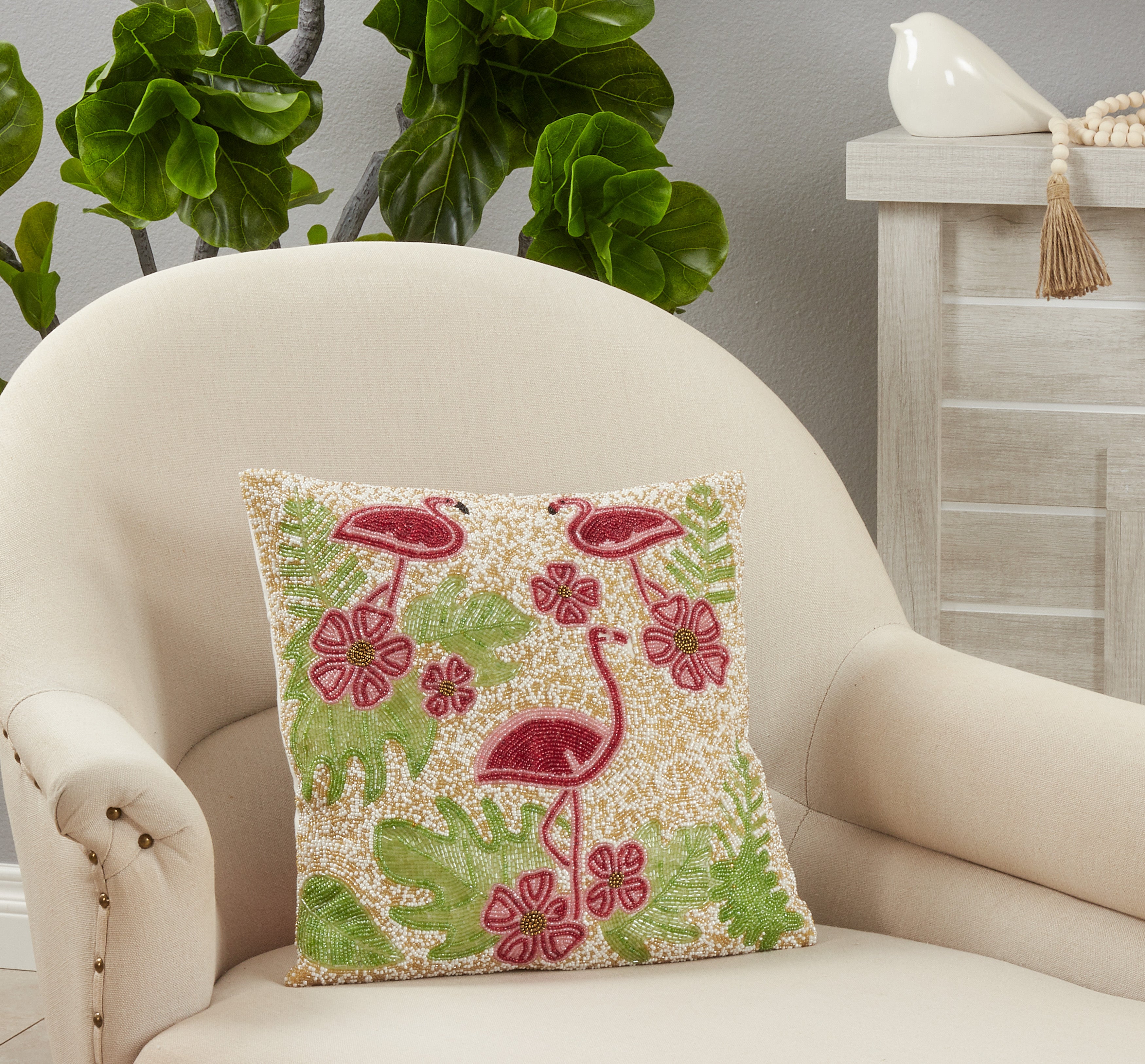 Beaded Flamingo Throw Pillow