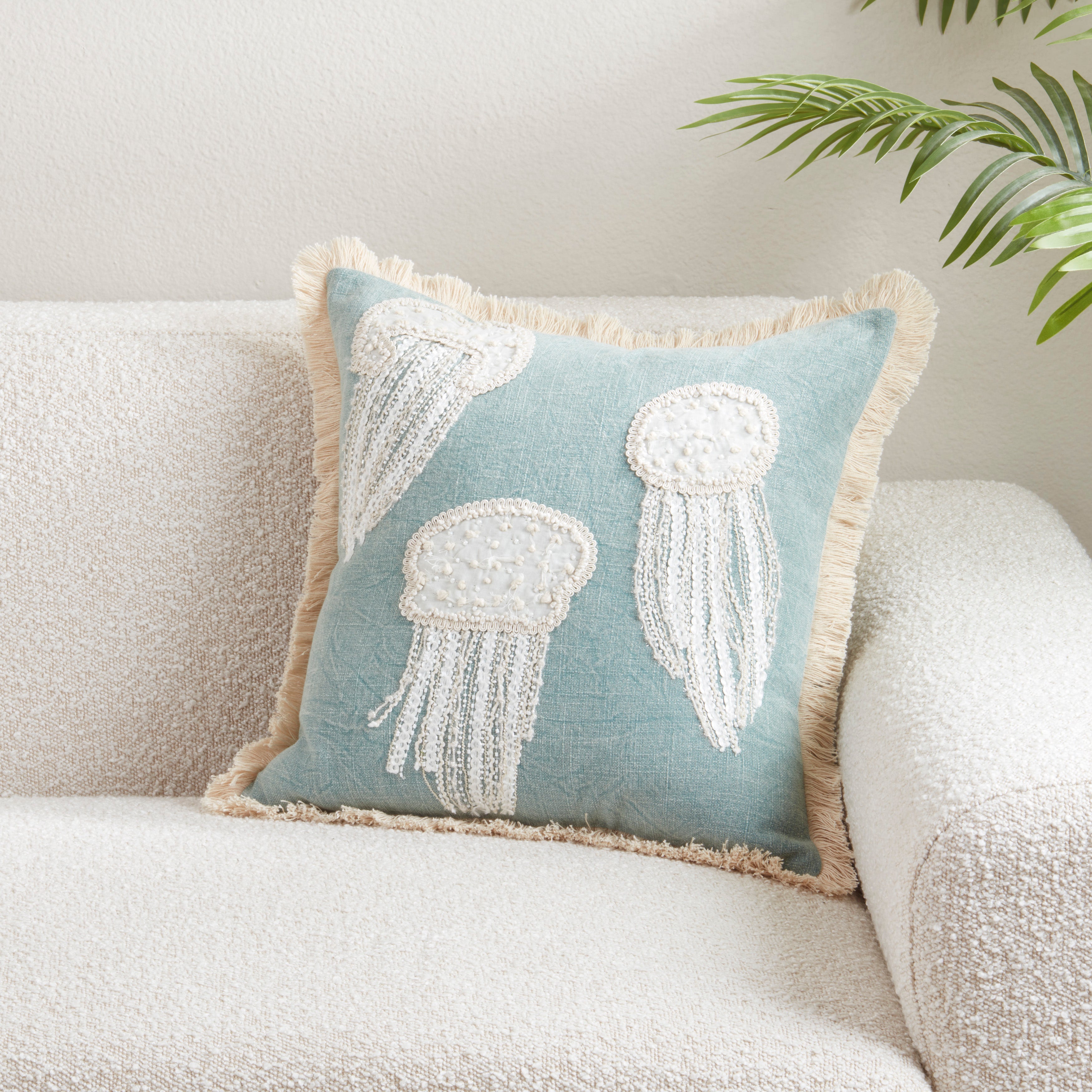 Embroidered Jellyfish Cotton Poly Filled Throw Pillow