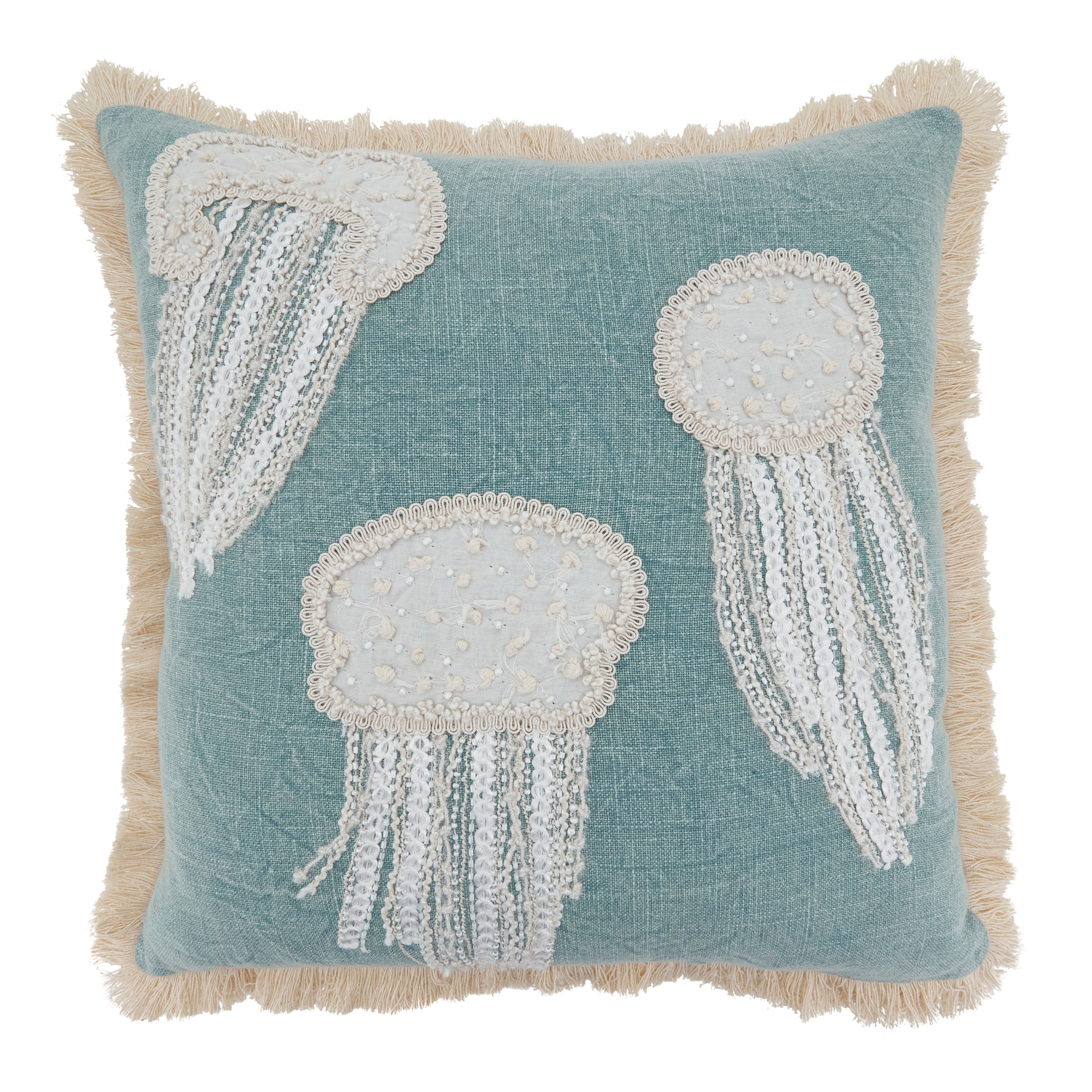 Embroidered Jellyfish Cotton Poly Filled Throw Pillow