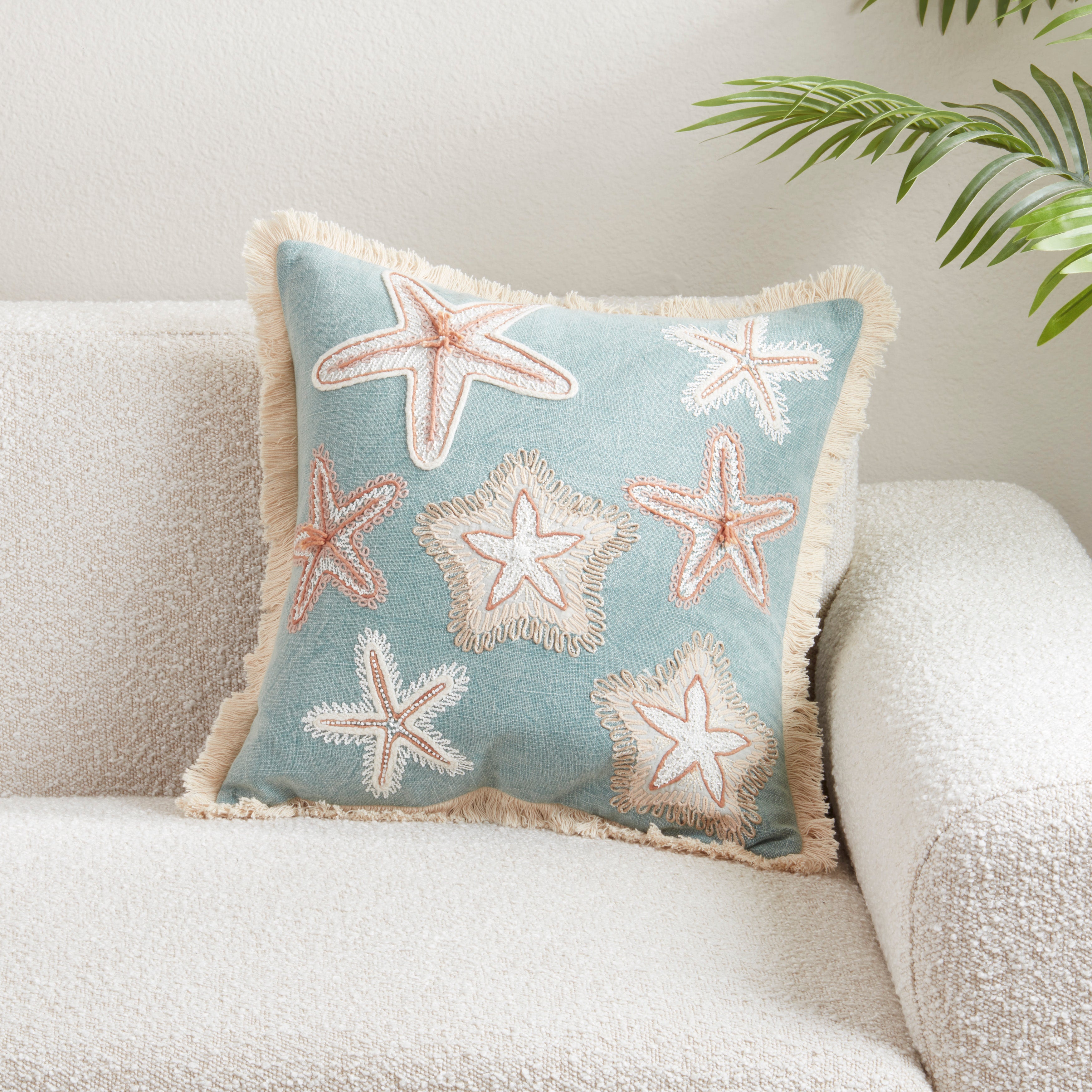 Embroidered Starfish Fringe Cotton Poly Filled Throw Pillow