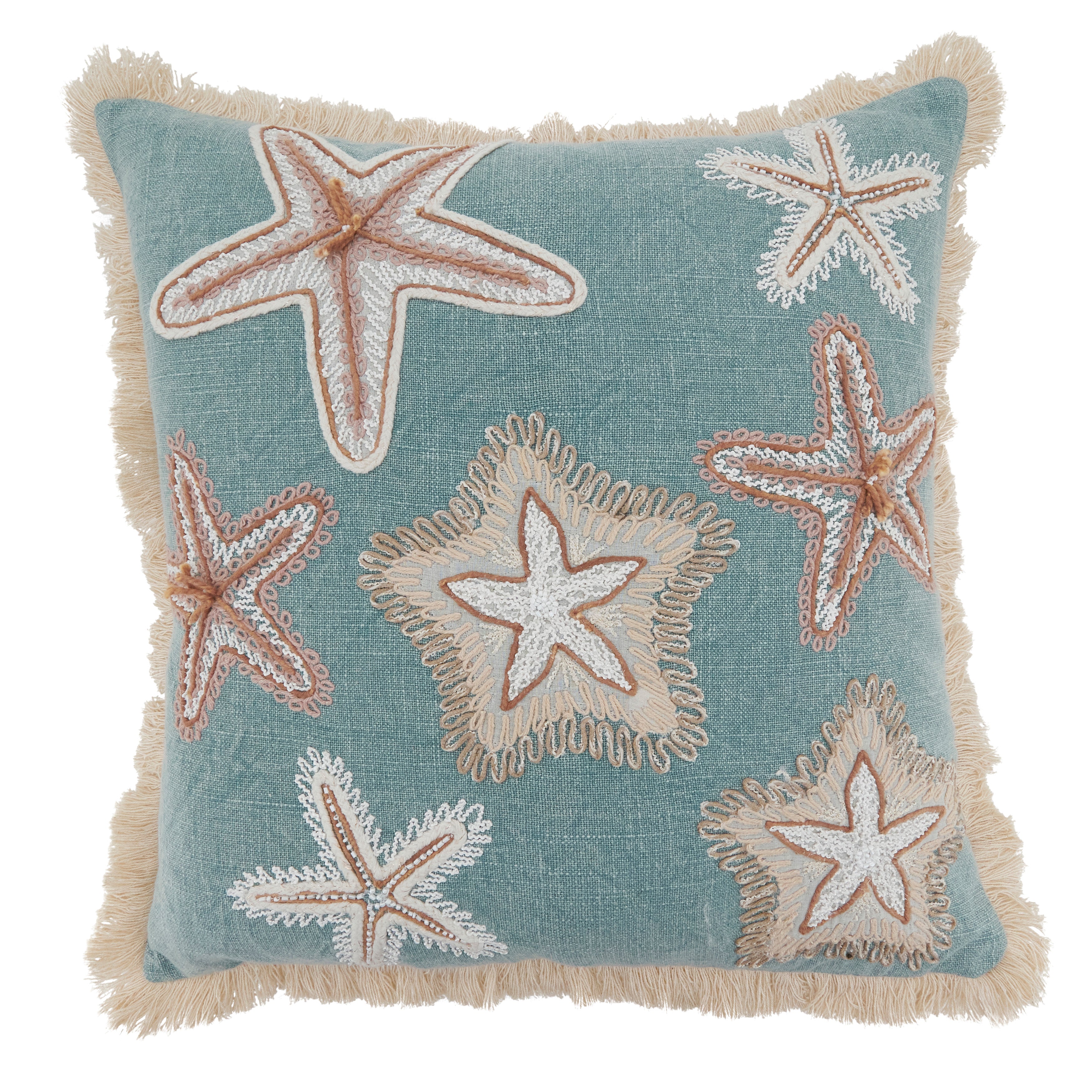 Embroidered Starfish Fringe Cotton Poly Filled Throw Pillow