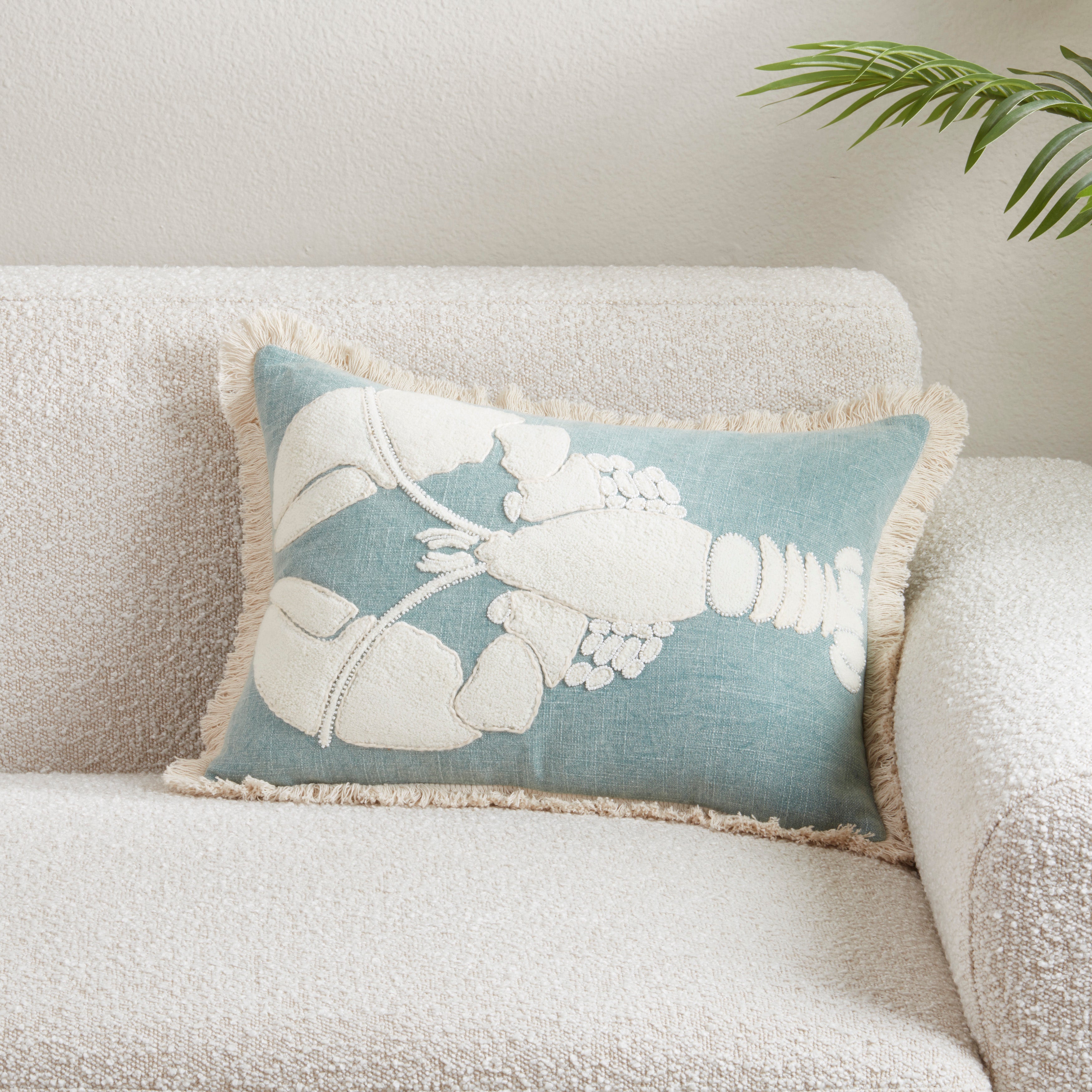 Embroidered Lobster Fringe Cotton Poly Filled Throw Pillow