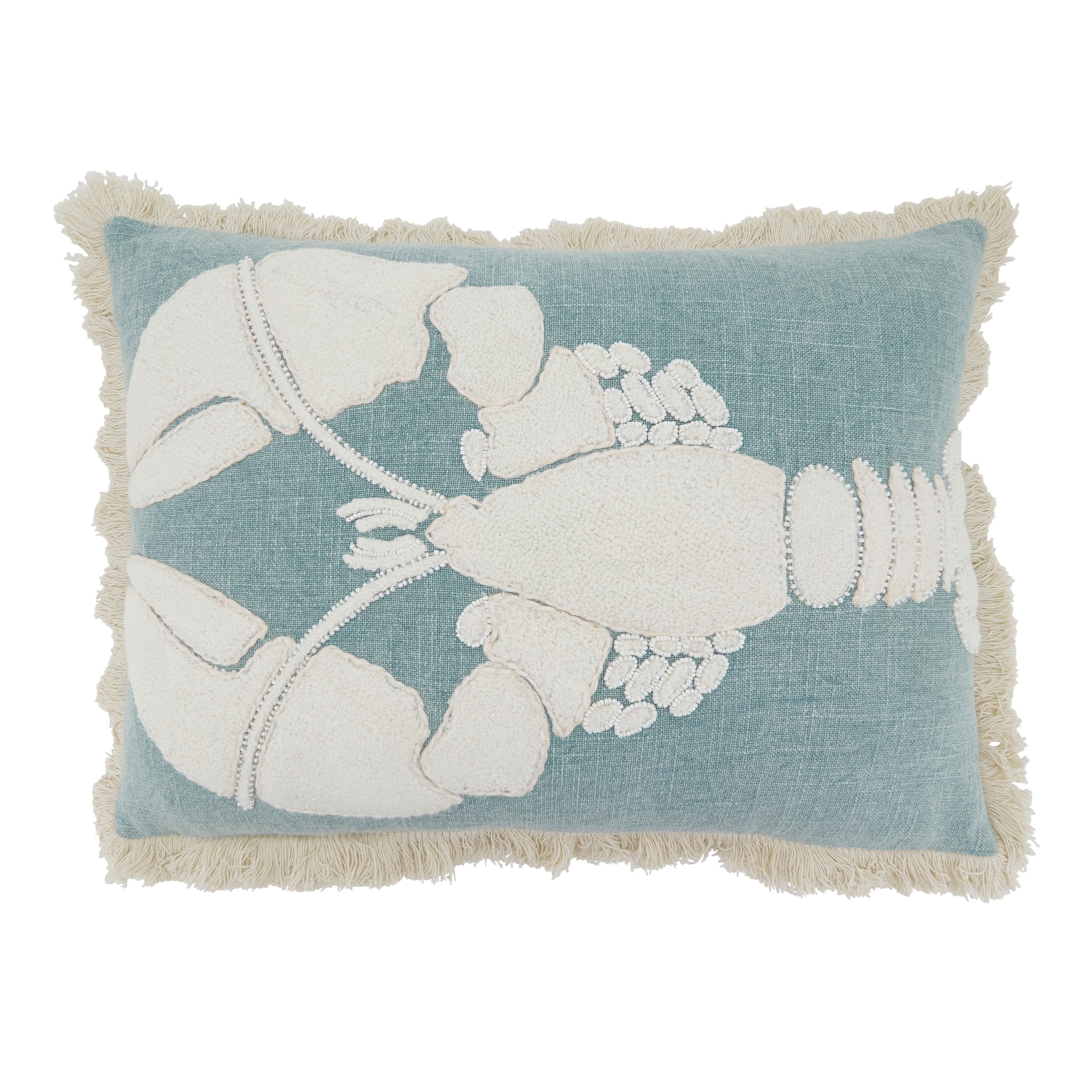Embroidered Lobster Fringe Cotton Poly Filled Throw Pillow