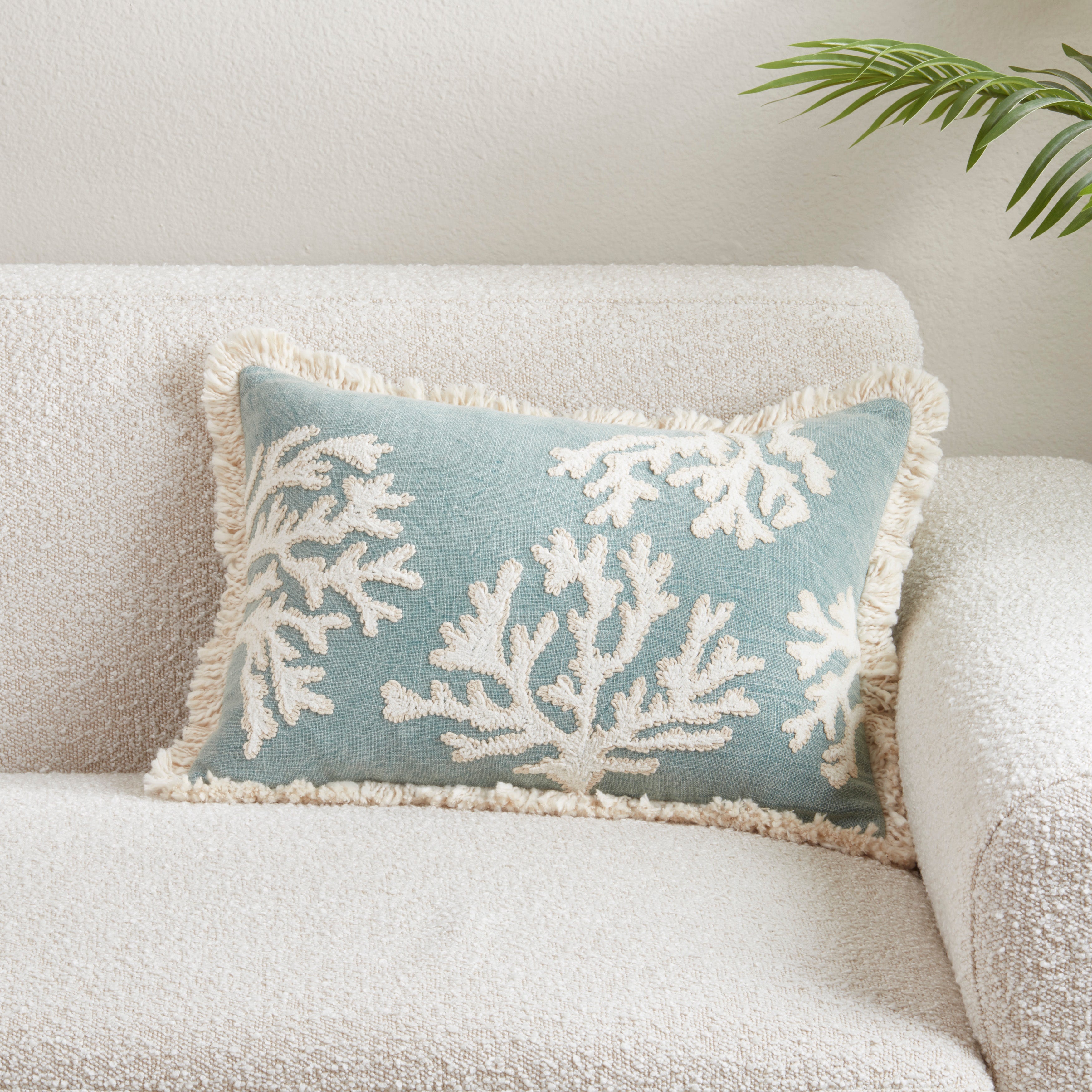 Embroidered Coral Fringe Cotton Poly Filled Throw Pillow