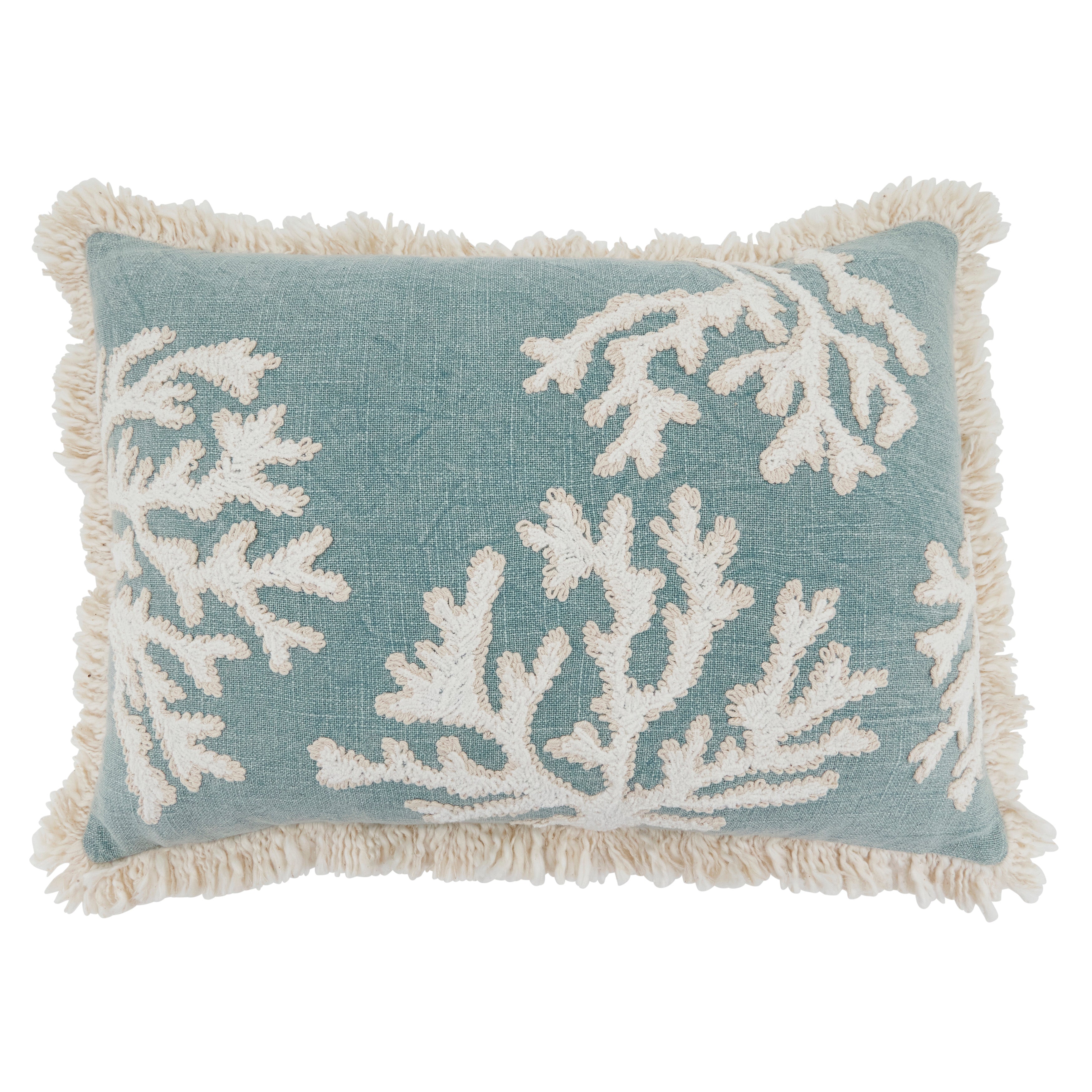 Embroidered Coral Fringe Cotton Poly Filled Throw Pillow