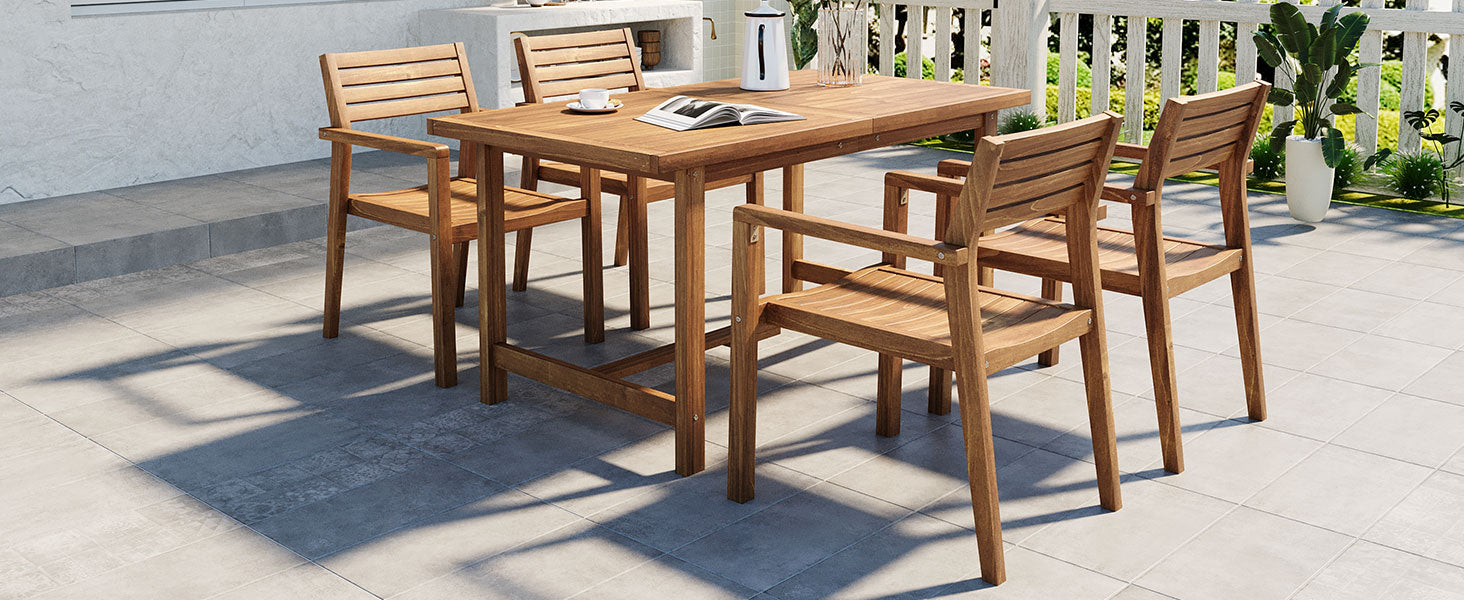 5-Piece Outdoor Acacia Wood Outdoor Dining Set, 59.06-Inch Rectangular Table with Umbrella Hole