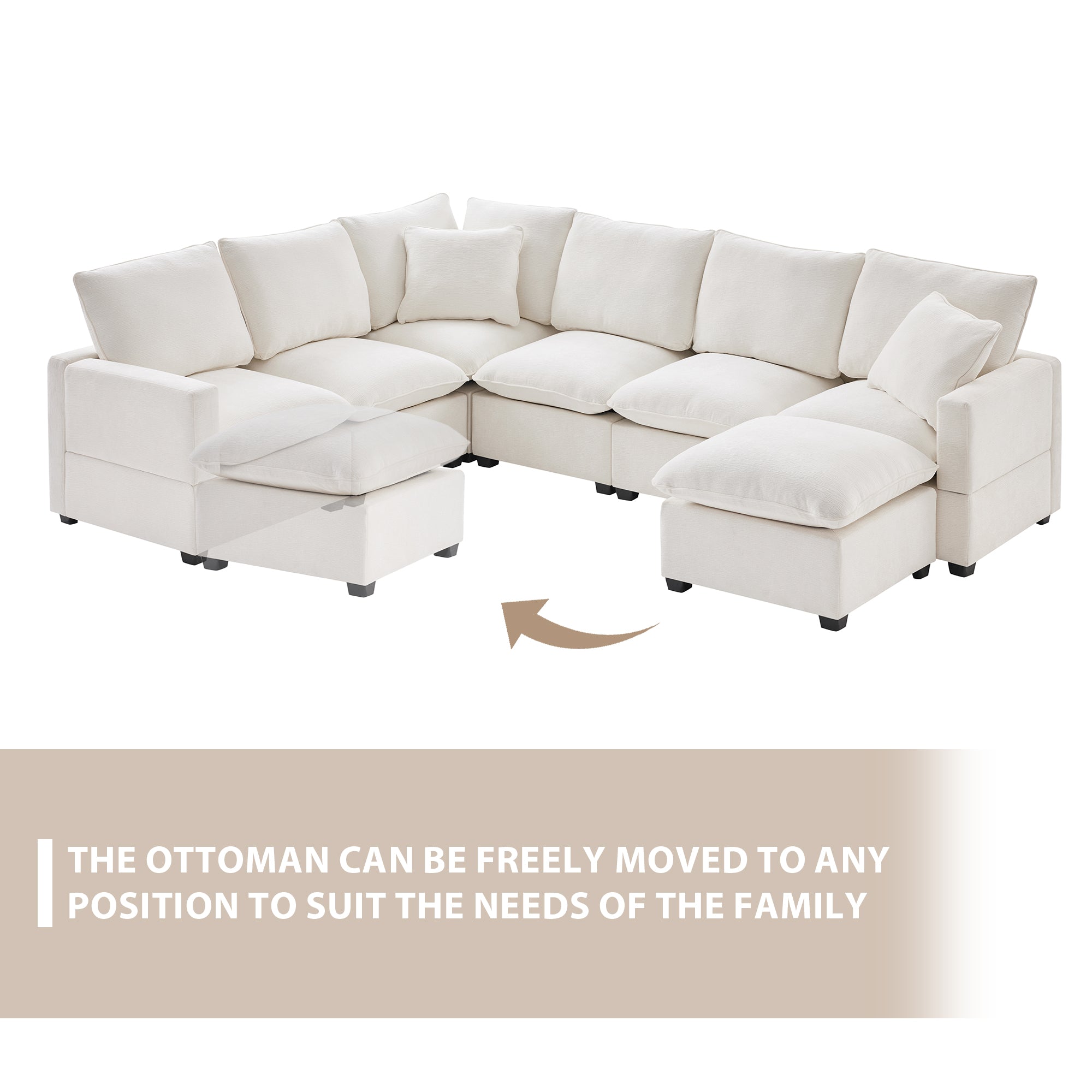 Chenille Modular U-Shape Sectional Sofa, Seats 7