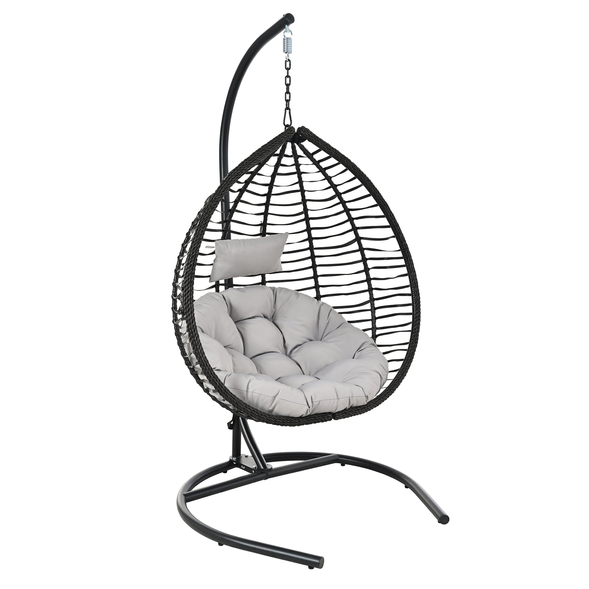 Foldable Rattan Egg Swing Chair with Iron Frame, Plush Cushion & Removable Headrest