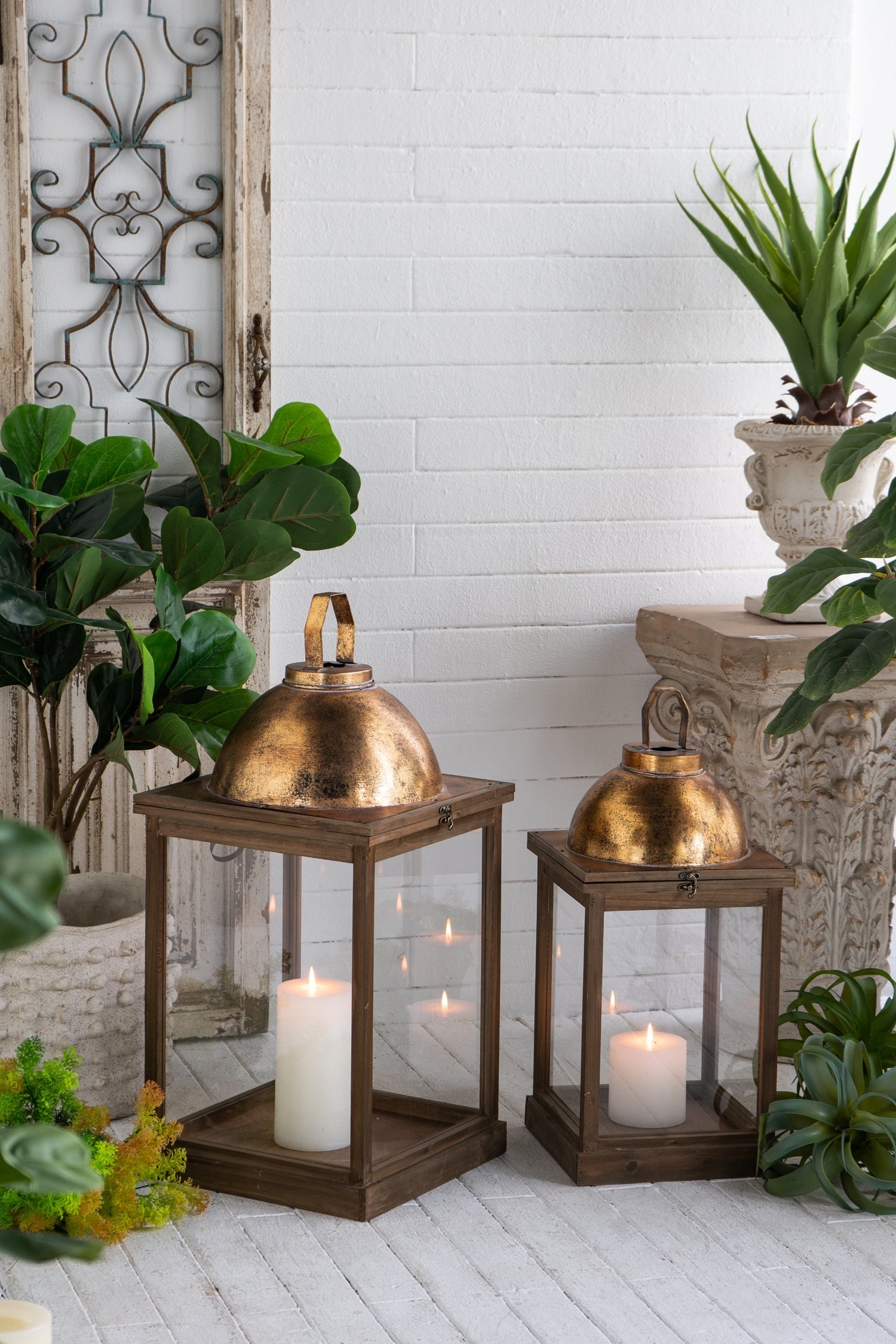 Schaffer Brown Wooden Lanterns with Clear Glass Panels, Set of 2