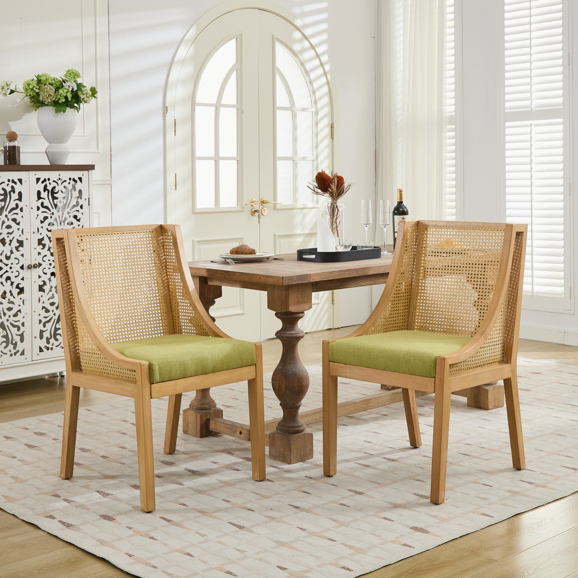 Linen Upholstered Rattan Dining Chair with Decorative Armrests
