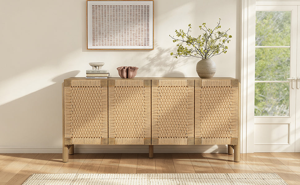 Natural Farmhouse Cabinet with Handwoven Paper Rope Doors, Solid Wood Legs and Natural Finish, for Hallway, Entryway or Living Room