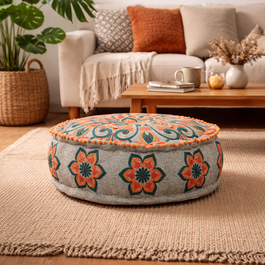 Mandala Pouf with Pompoms