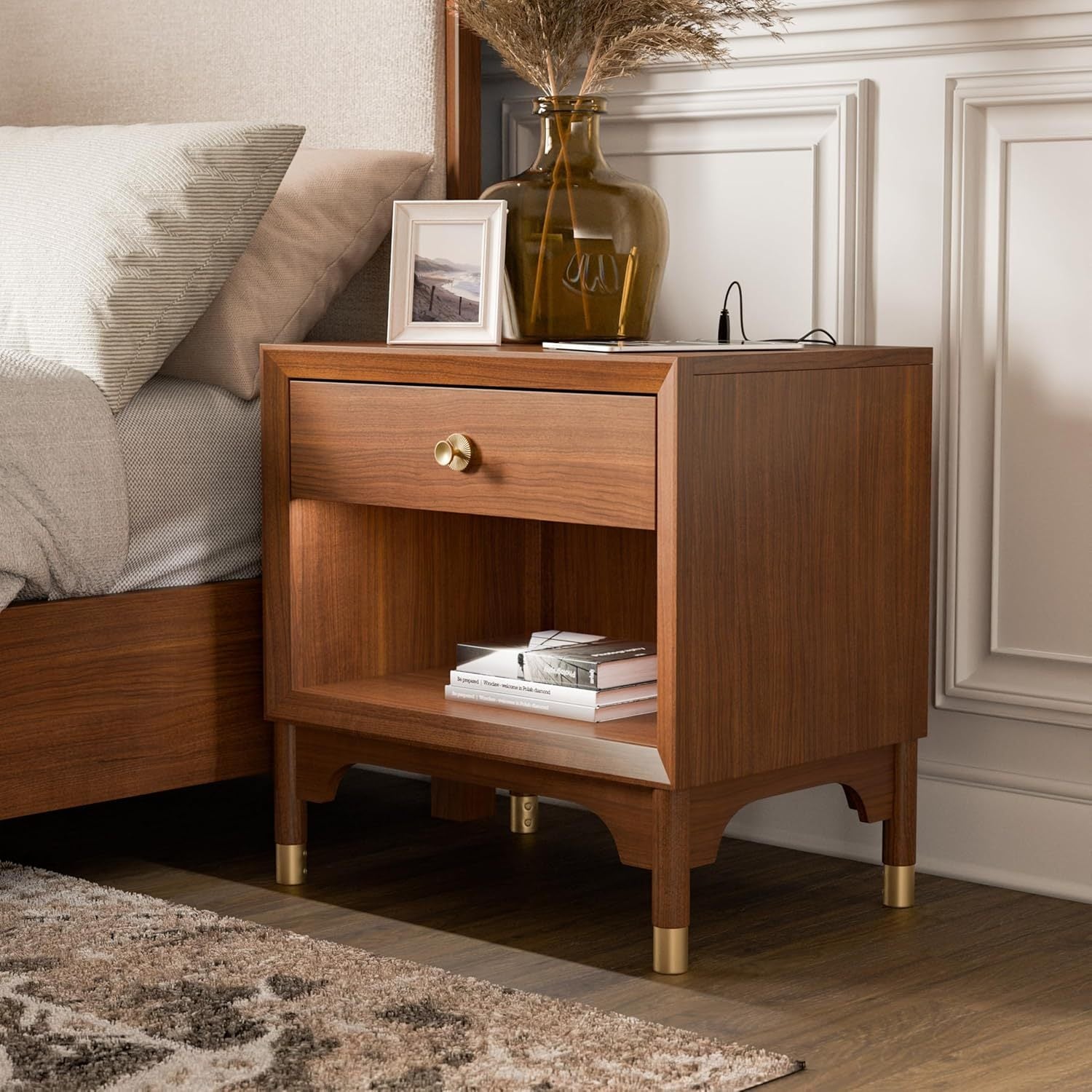 Edison Mid-Century Modern Nightstand with Gold Capped Legs
