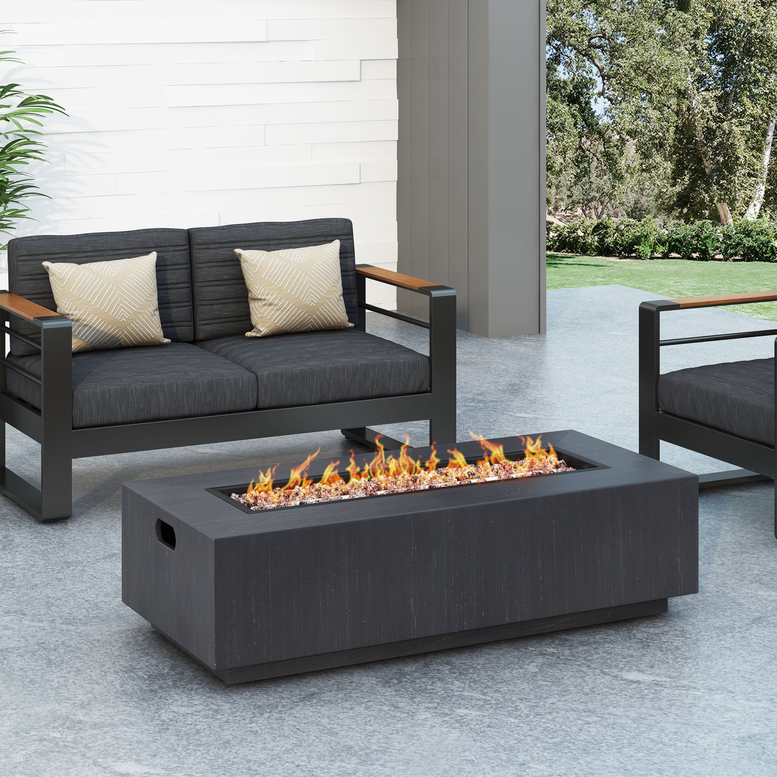 Outdoor 50000 BTU Rectangular Iron Fire Pit, Black with White Brush (Tank Cover not Included)