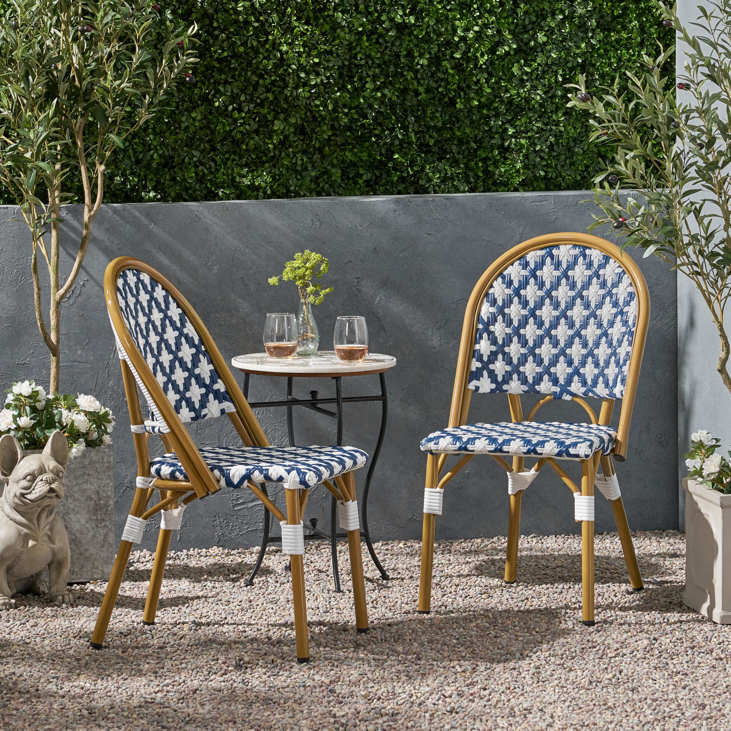 French Bistro Outdoor Dining Chairs, Set of 2 Navy & White