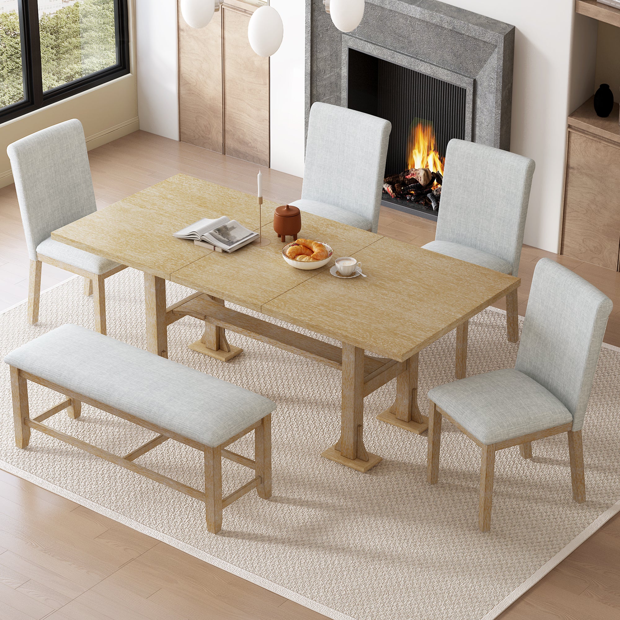 6-Piece Dining Set with Rectangular Extendable Table, Upholstered Dining Bench and 4 Chairs