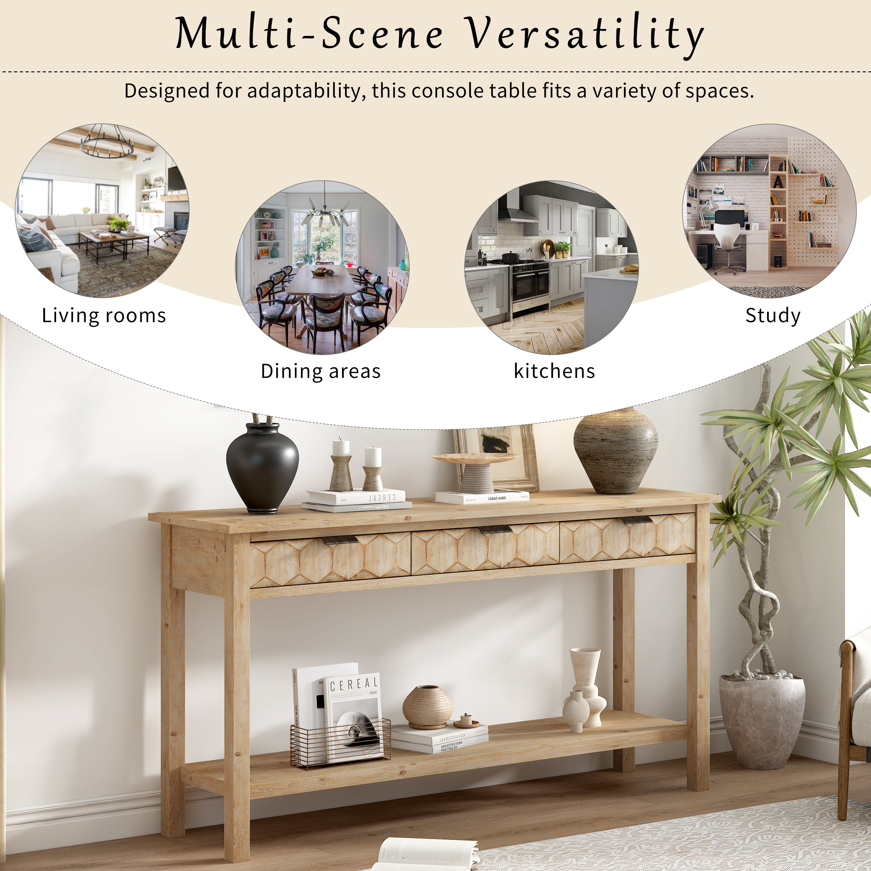 Honeycomb Pattern Console Table with 3 Drawers