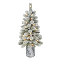 3.5 ft Potted Flocked Norwegian Pine Artificial Christmas Tree with Warm White LED Lights & On/Off Timer Function