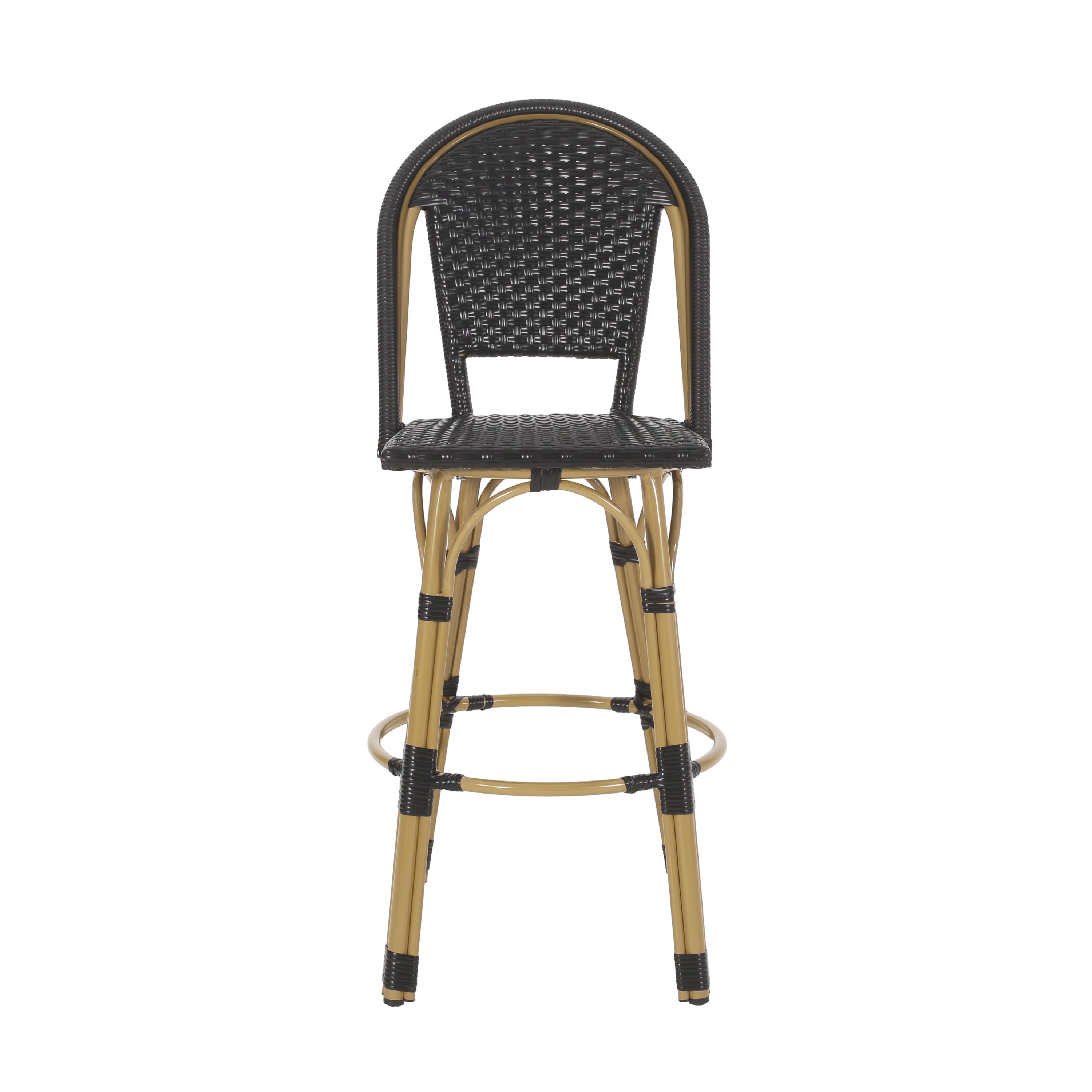 Callisto 29.5" Outdoor Rattan and Aluminum Bar Stool with Curved Back and Footrest