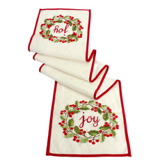 Joy Embroidered Holly Berry Wreath Table Runner 72"