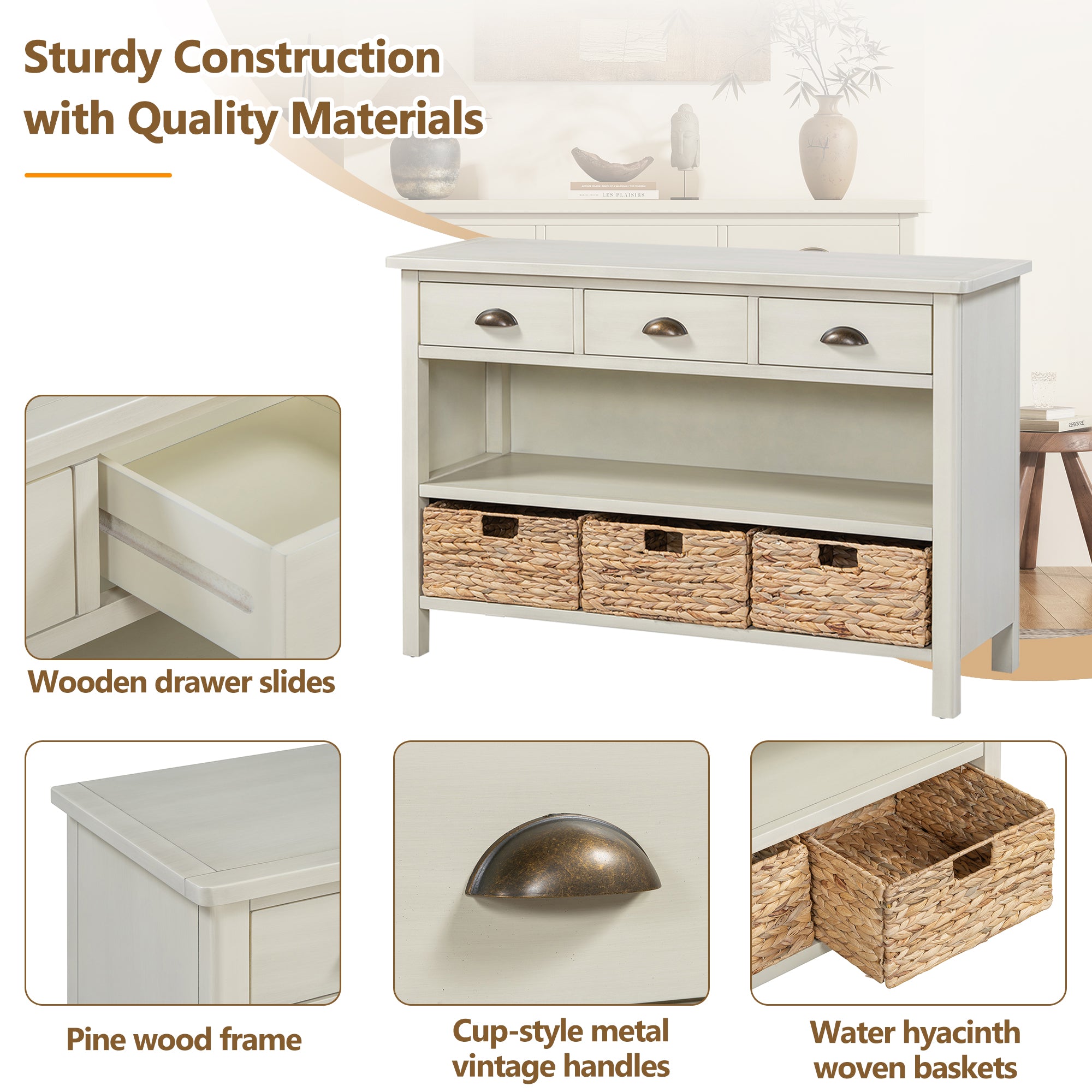 Coronate Console Table with Drawers and Water Hyacinth Woven Baskets