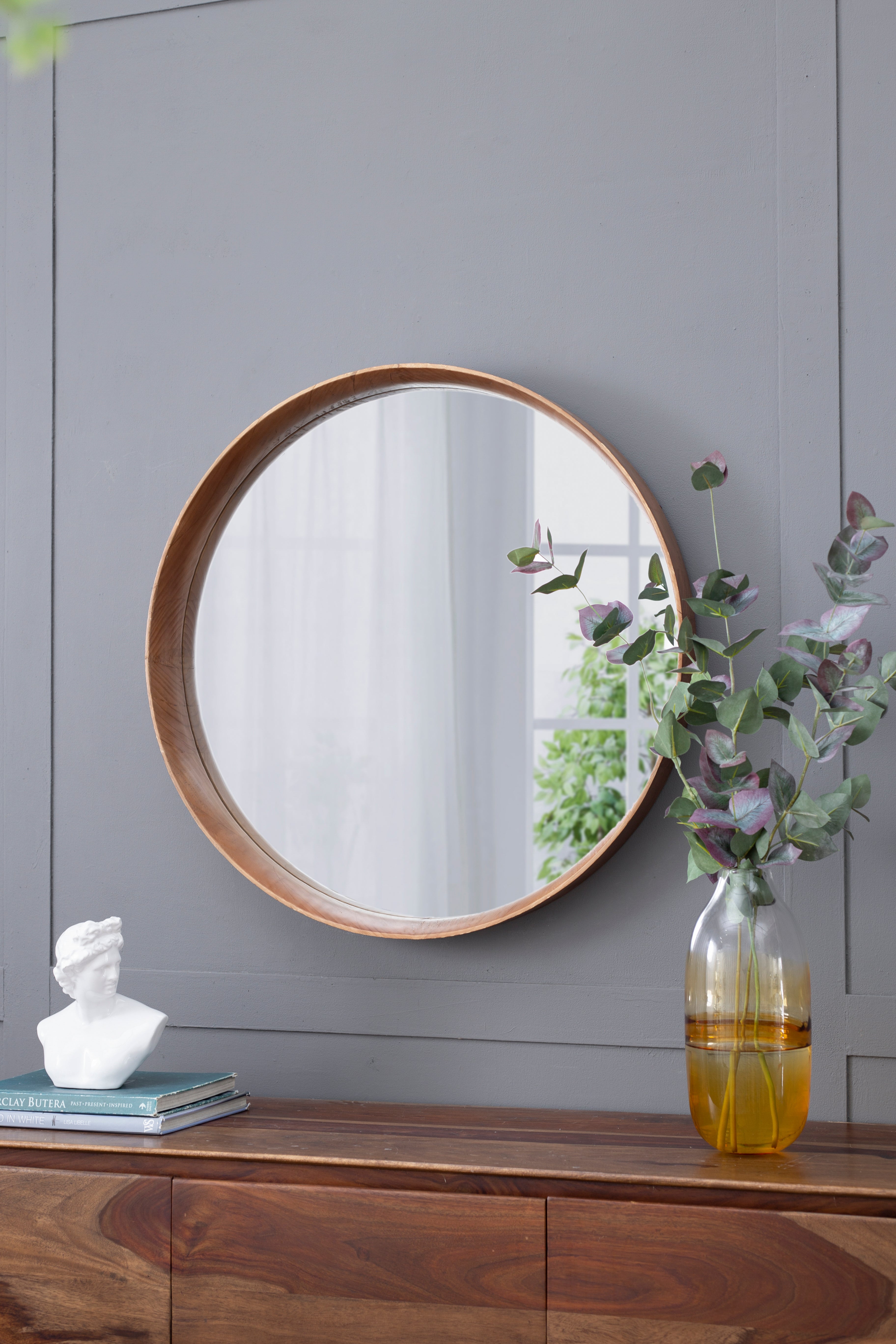 Wall Mounted Mirror with Round Shape and Wooden Frame