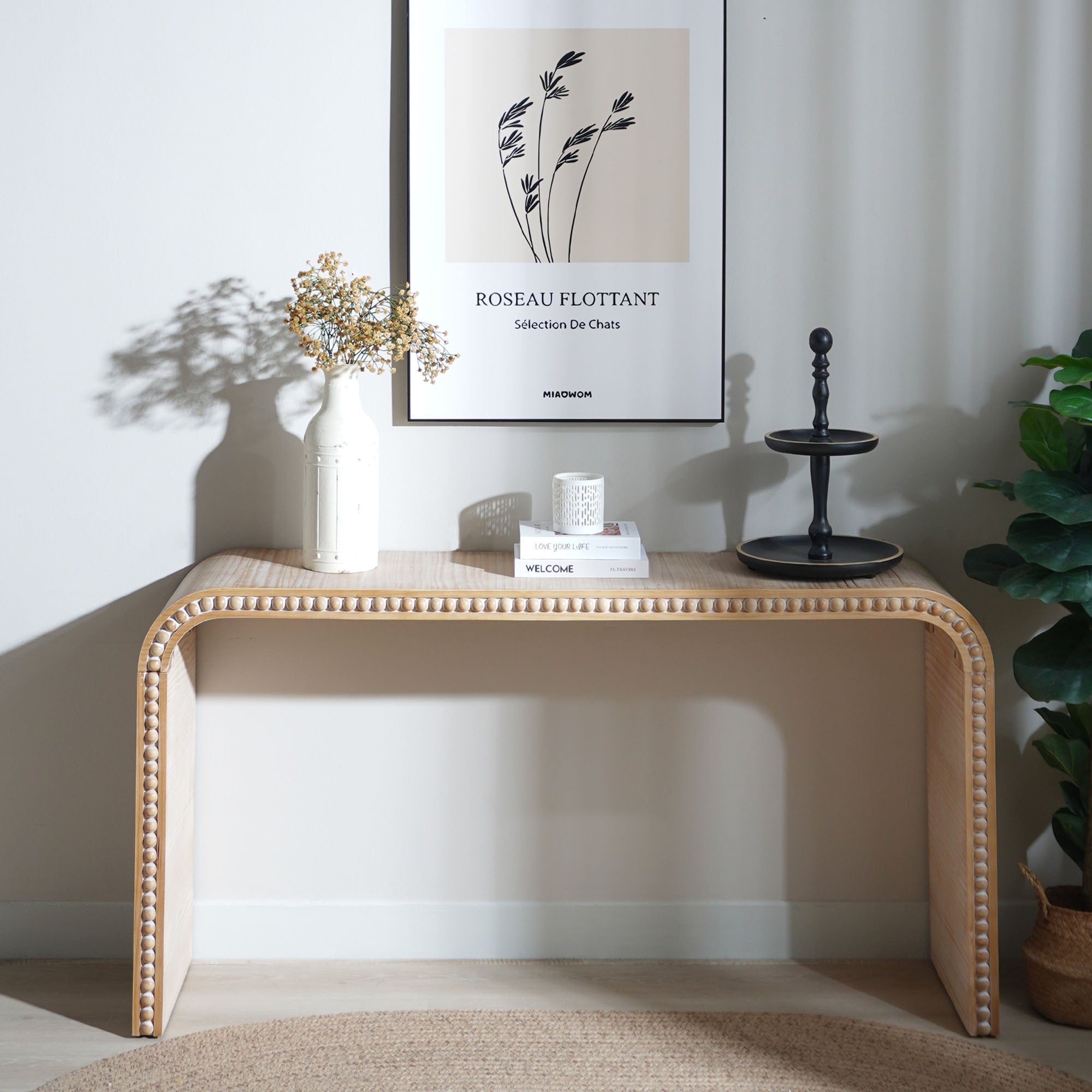 Curved Waterfall-Style Wood Beaded Console Table