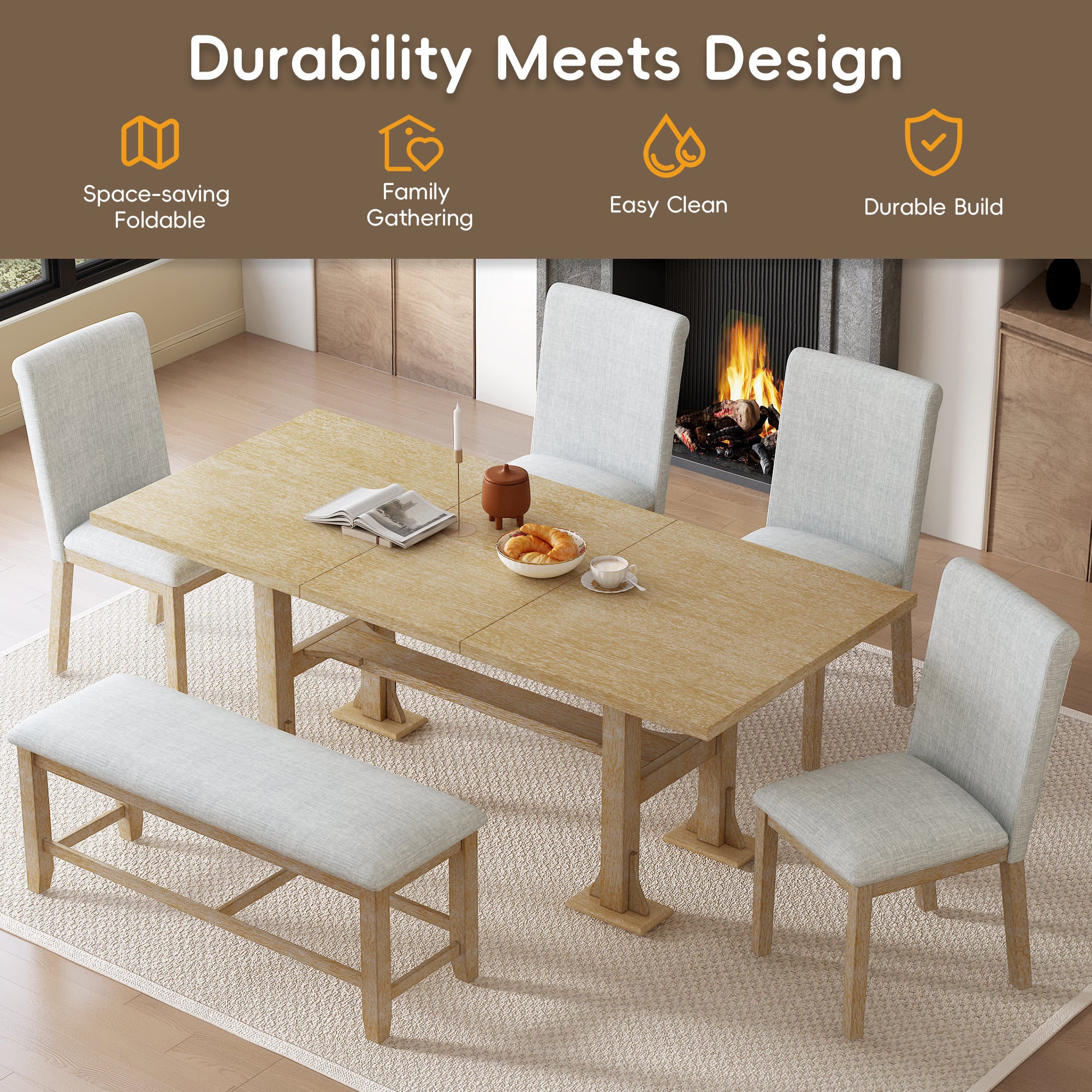 6-Piece Dining Set with Rectangular Extendable Table, Upholstered Dining Bench and 4 Chairs