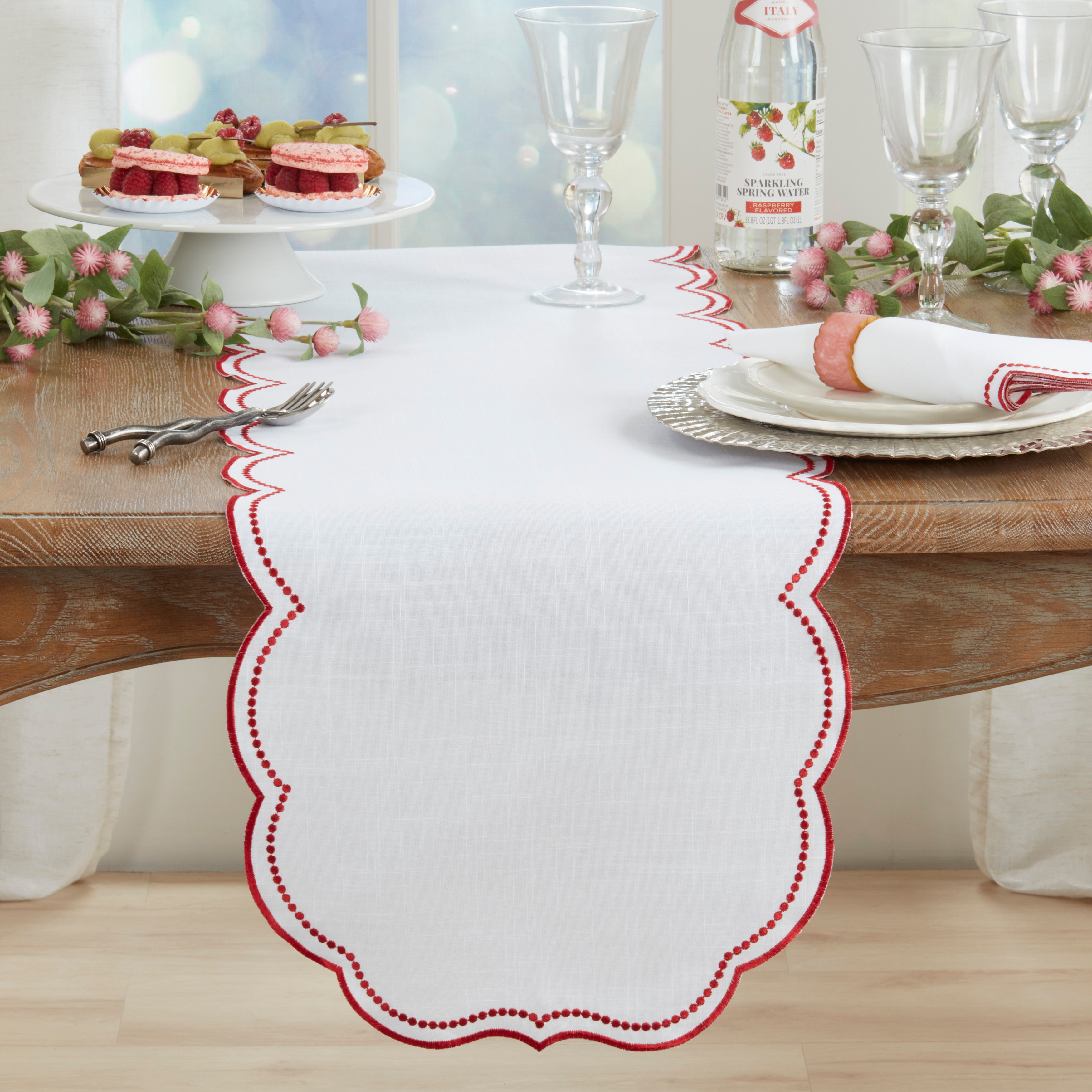 Embroidered Polka Dot Table Runner w/ Scallop Edge