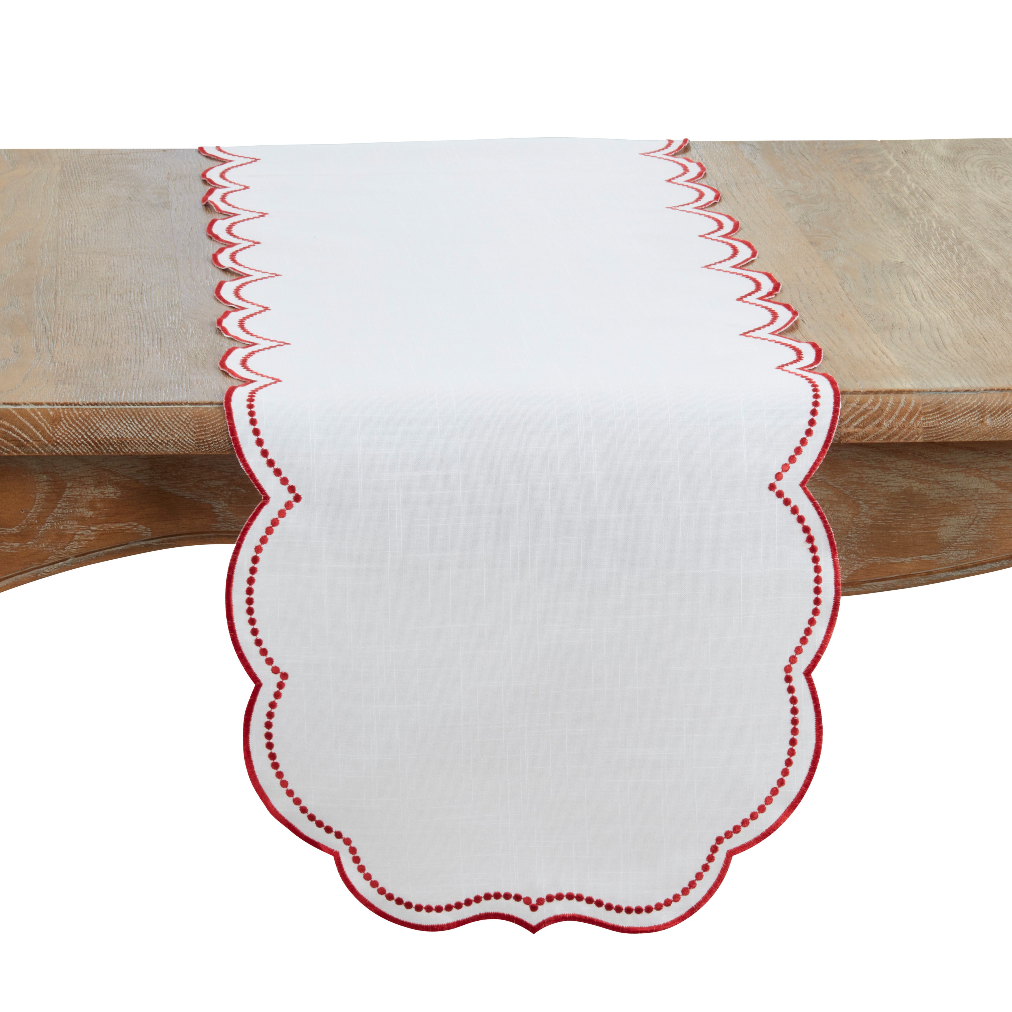 Embroidered Polka Dot Table Runner w/ Scallop Edge