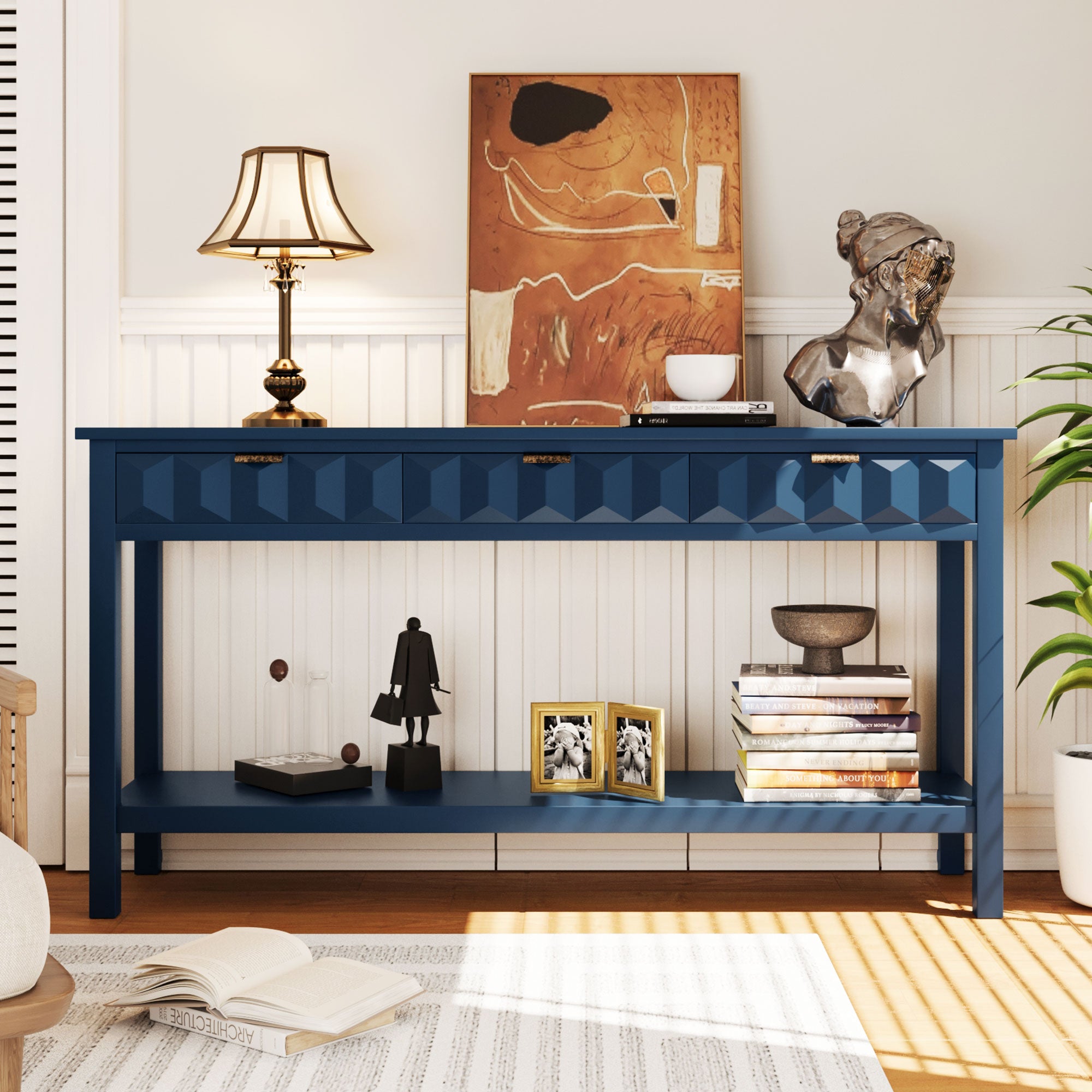Honeycomb Pattern Console Table with 3 Drawers
