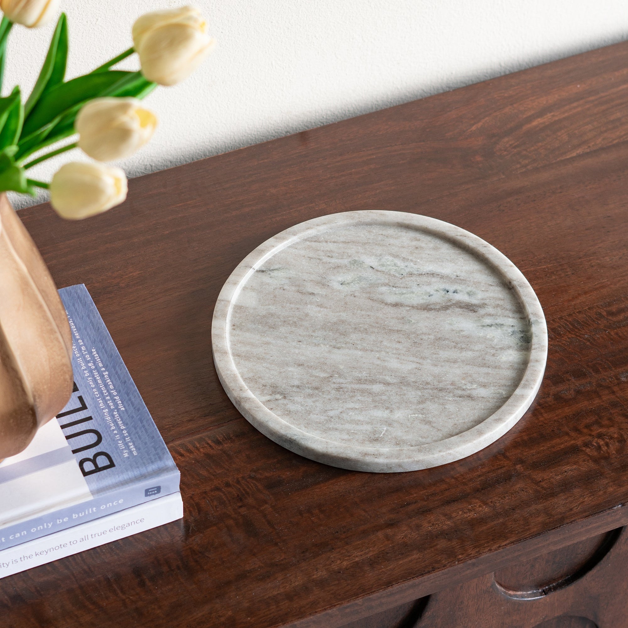 Round Marble Tray with Natural Gray Finish