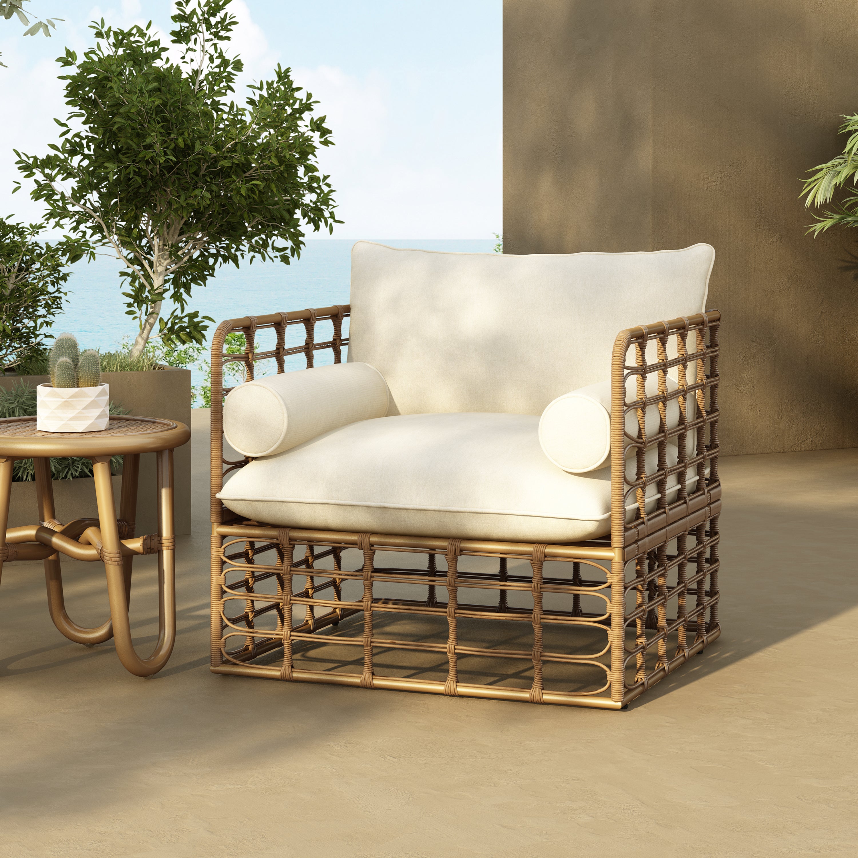 Blithely Outdoor Rattan Accent Chair with Cushions and Open Weave Boho Design