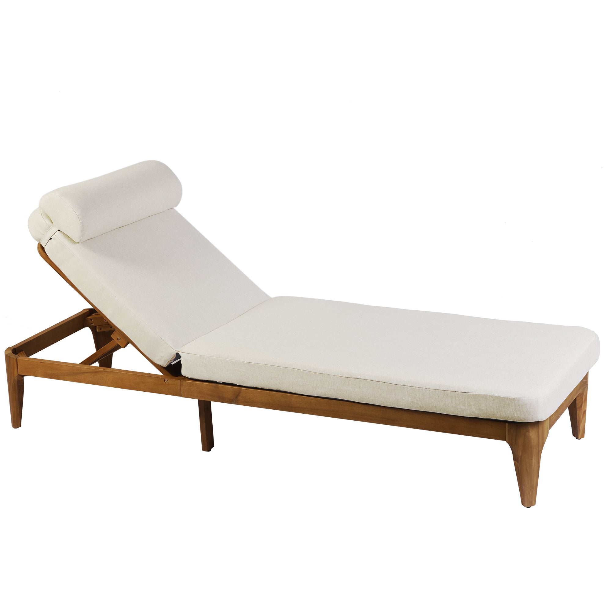 Outdoor Acacia Wood Sun Lounge Chair, Patio Recliner with Adjustable Backrest and Head Pillow