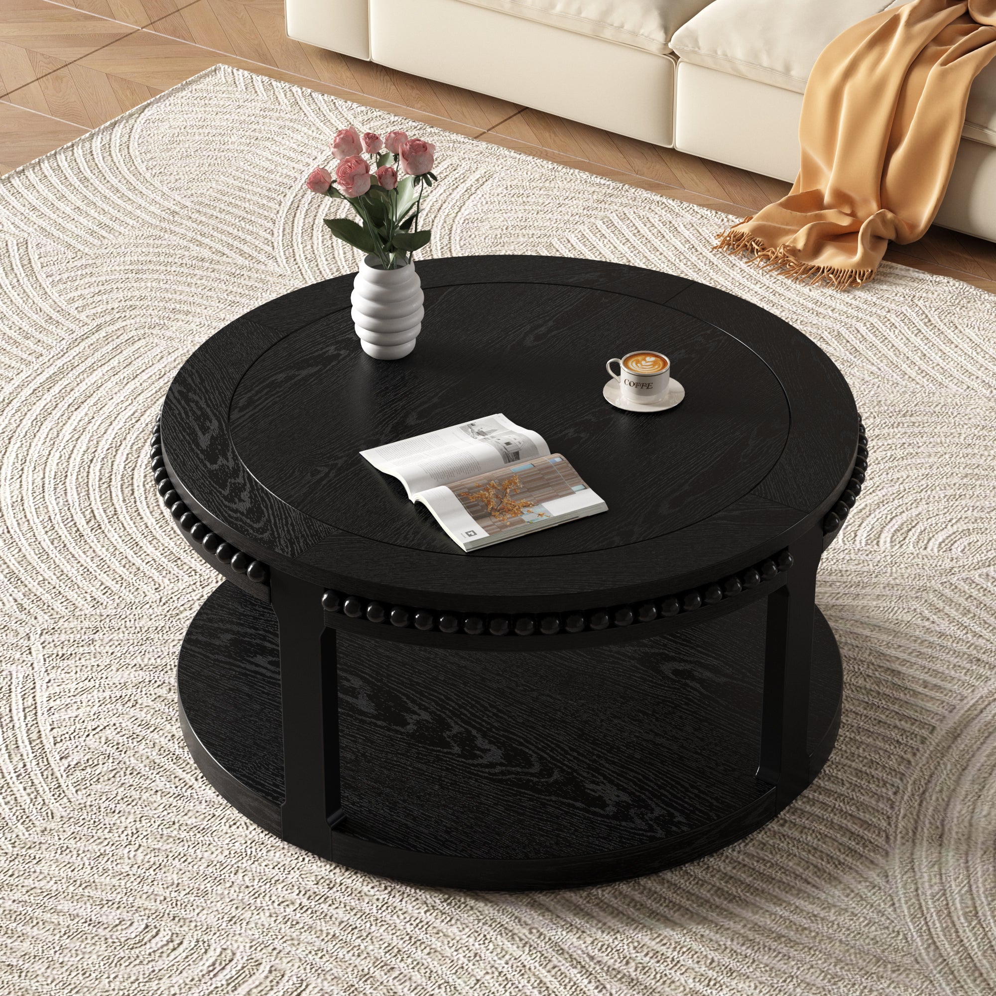 Round Solid Wood Coffee Table with Beaded Accent Edge