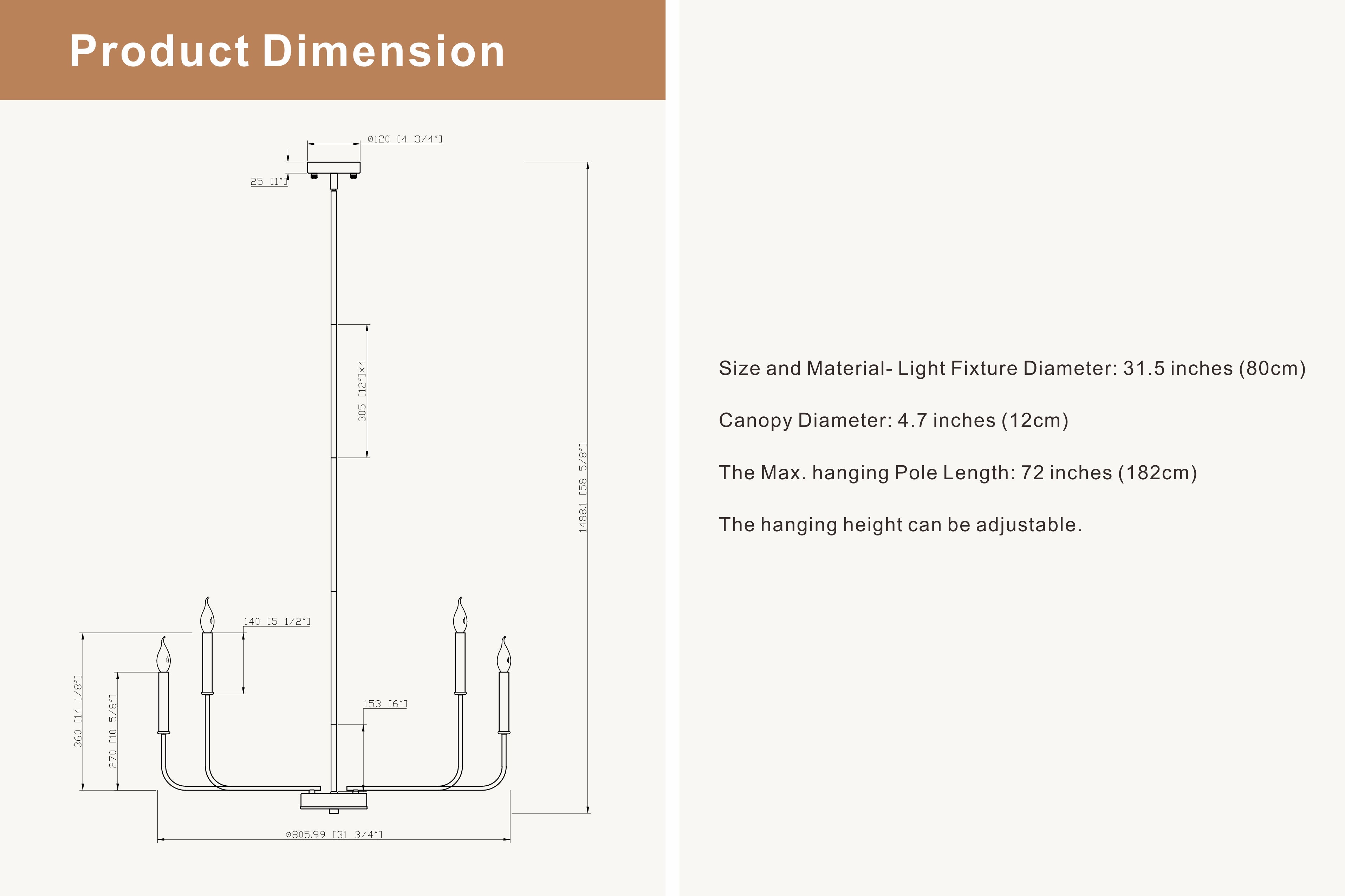 12-Light Pendant Light with Adjustable Height and Candle Hanger Design