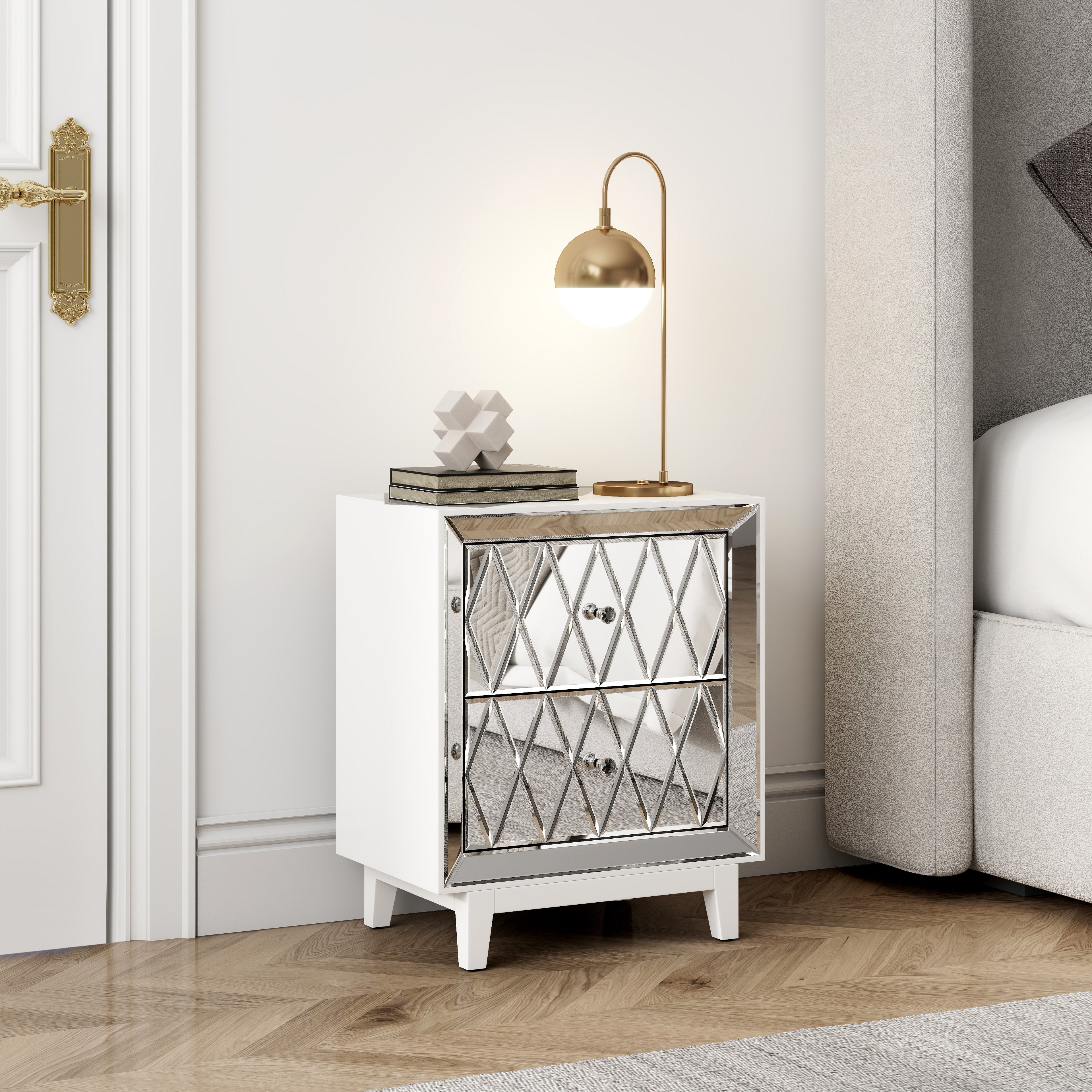 22" Pattern Mirror Glass Nightstand with 2 Drawers