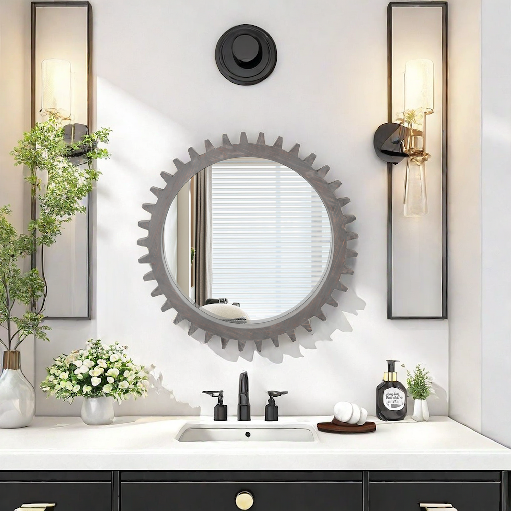 Harmonyx Wall Mirror with Gear Shape and Wood Frame