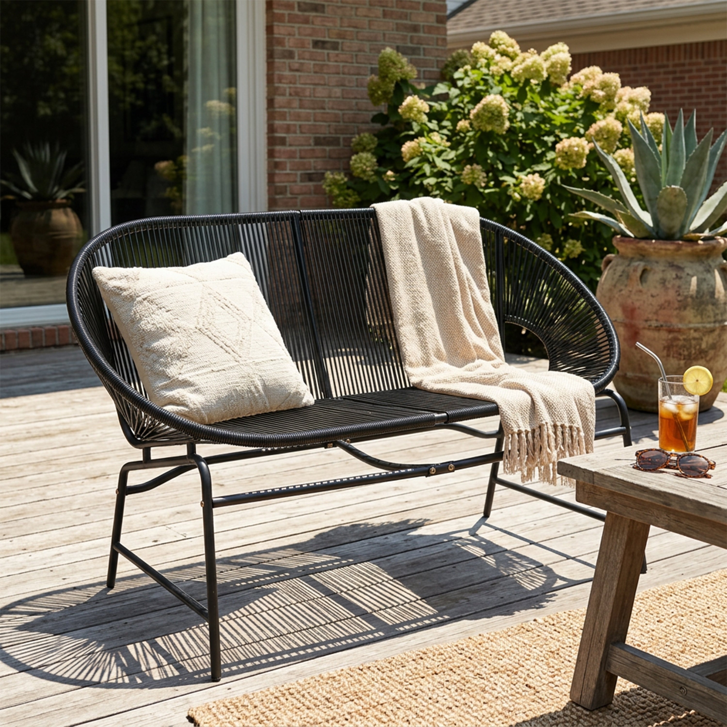 CONDESSA OUTDOOR PATIO WICKER LOVE SEAT, GREEN PE RATTAN & IRON FRAME, SET OF 1
