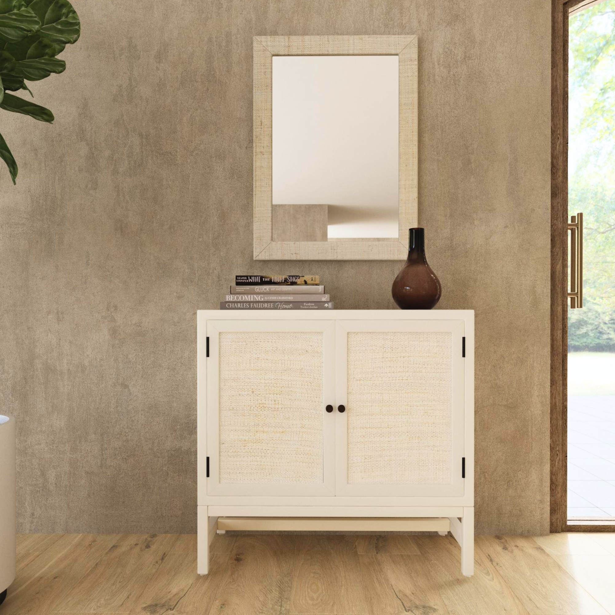 Raffia Paneled 2 Door Storage Cabinet, White
