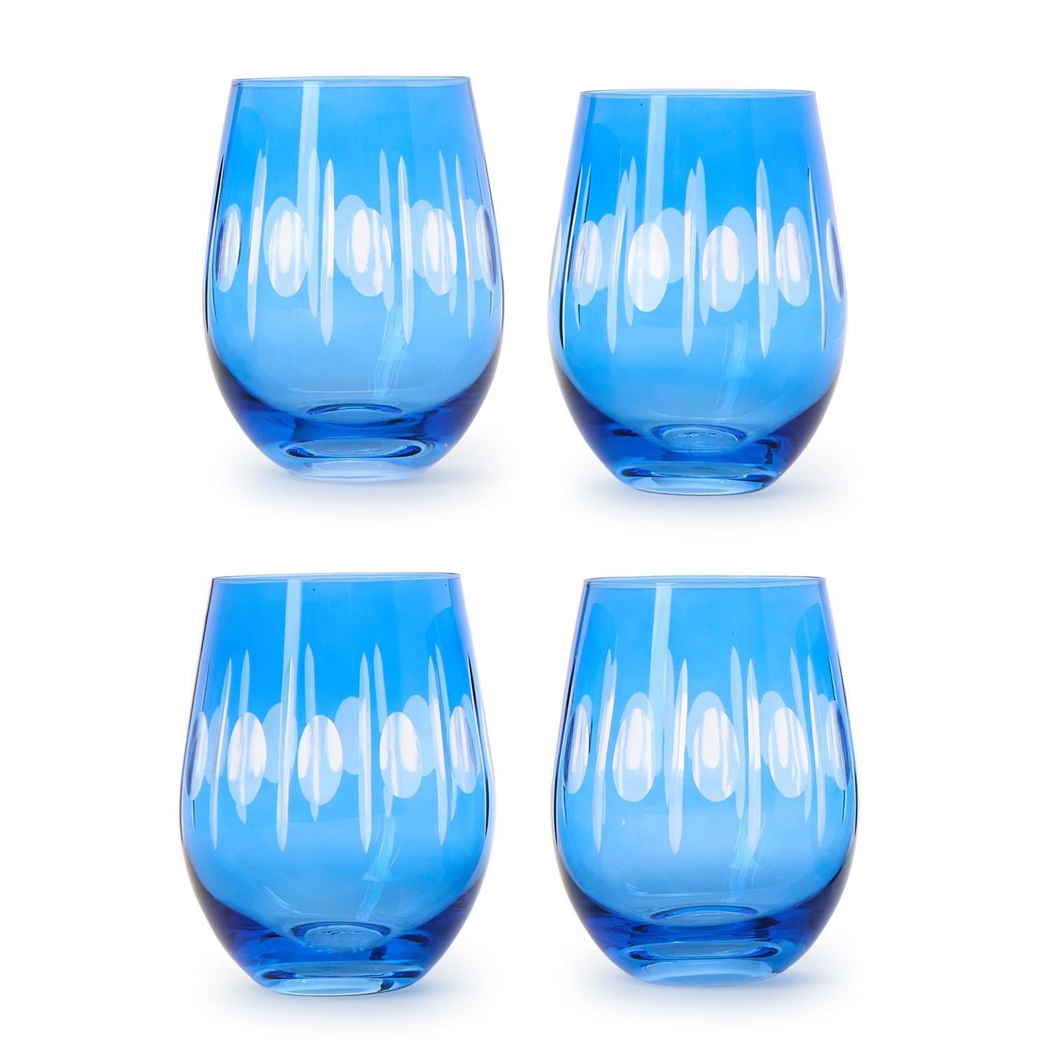 Sparkling Cut Blue Hand Engraved Stemless Wine Glasses, Set of 4