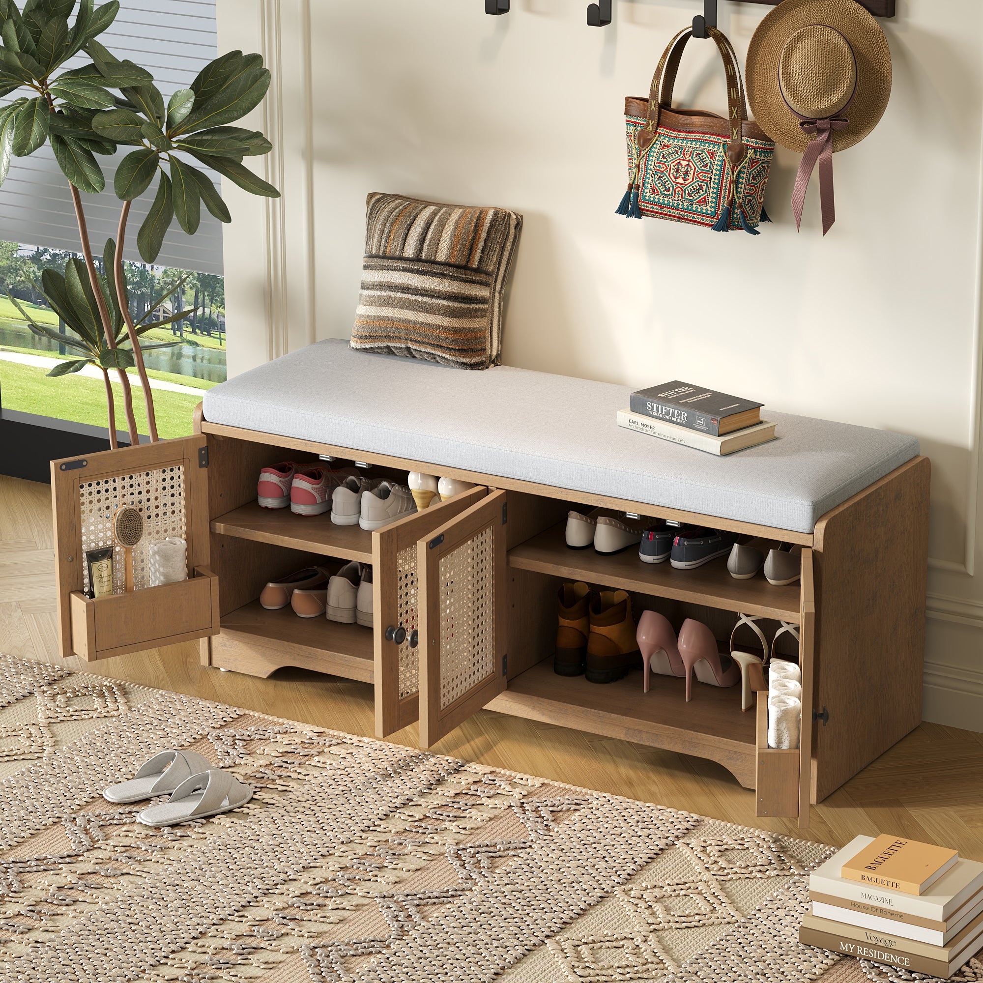Storage Bench with Rattan Doors