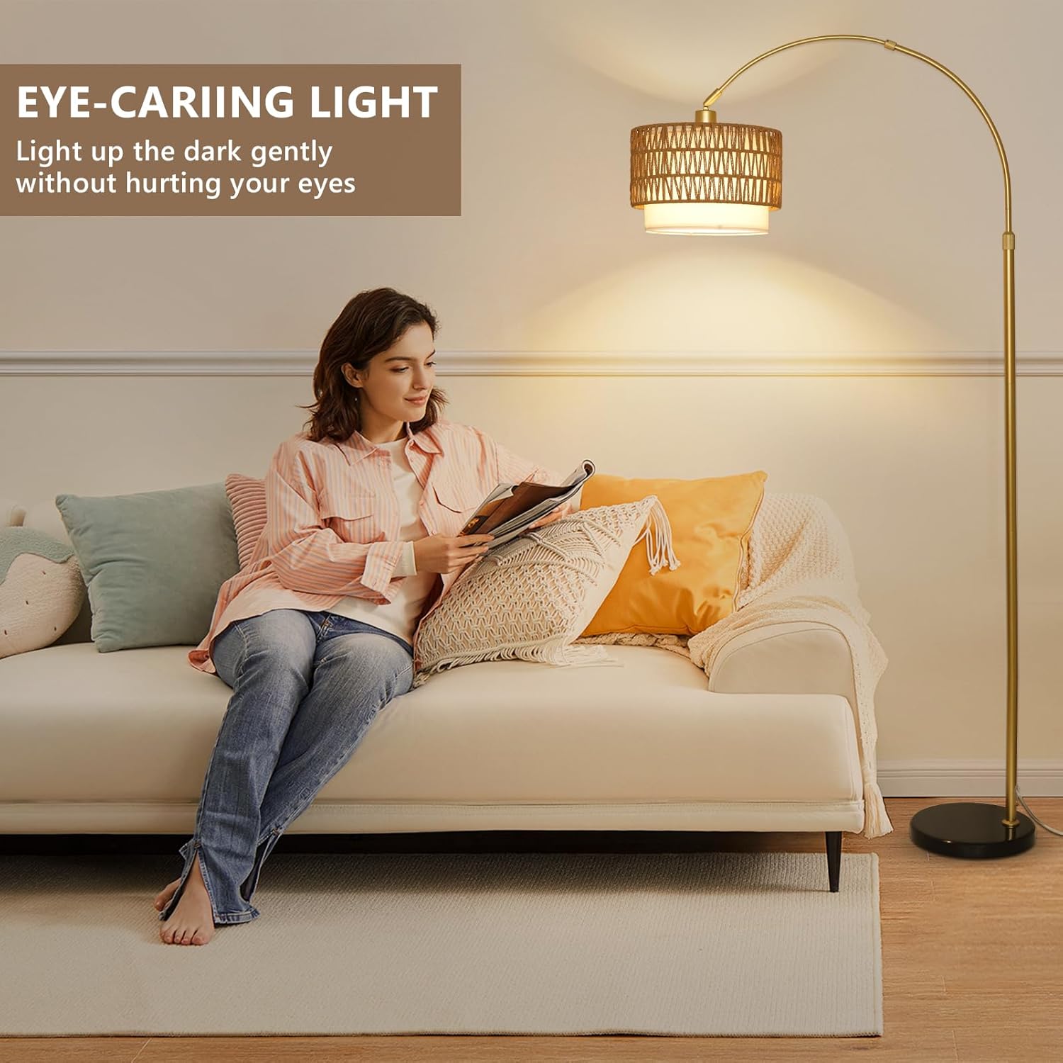 Adjustable Height Arched Floor Lamp with Double Drum Shade and 3 Color Temperatures